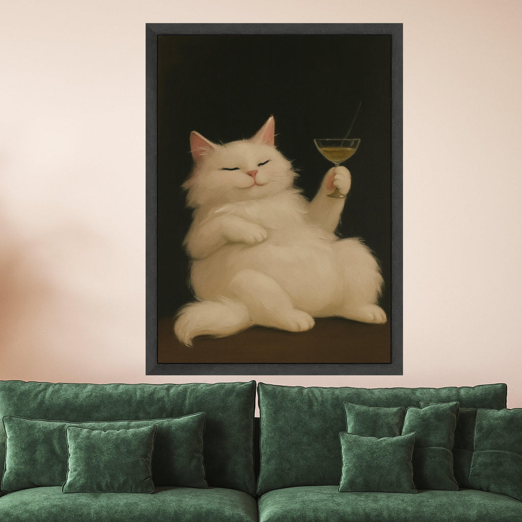 Funny Cat Canvas Print – White Cat Wall Art with Cocktail, Quirky Wall Decor, Ready to Hang Animal Wall Decoration