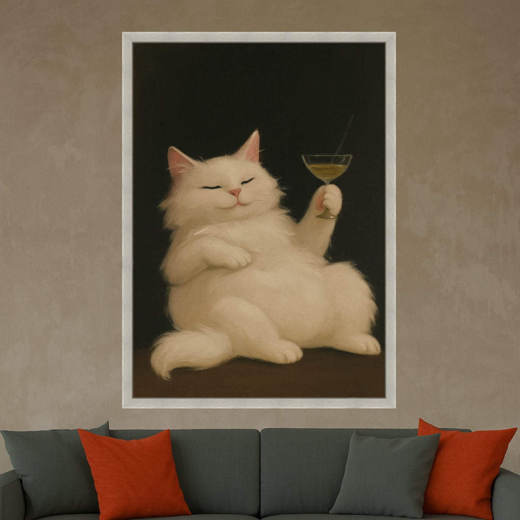Funny Cat Canvas Print – White Cat Wall Art with Cocktail, Quirky Wall Decor, Ready to Hang Animal Wall Decoration