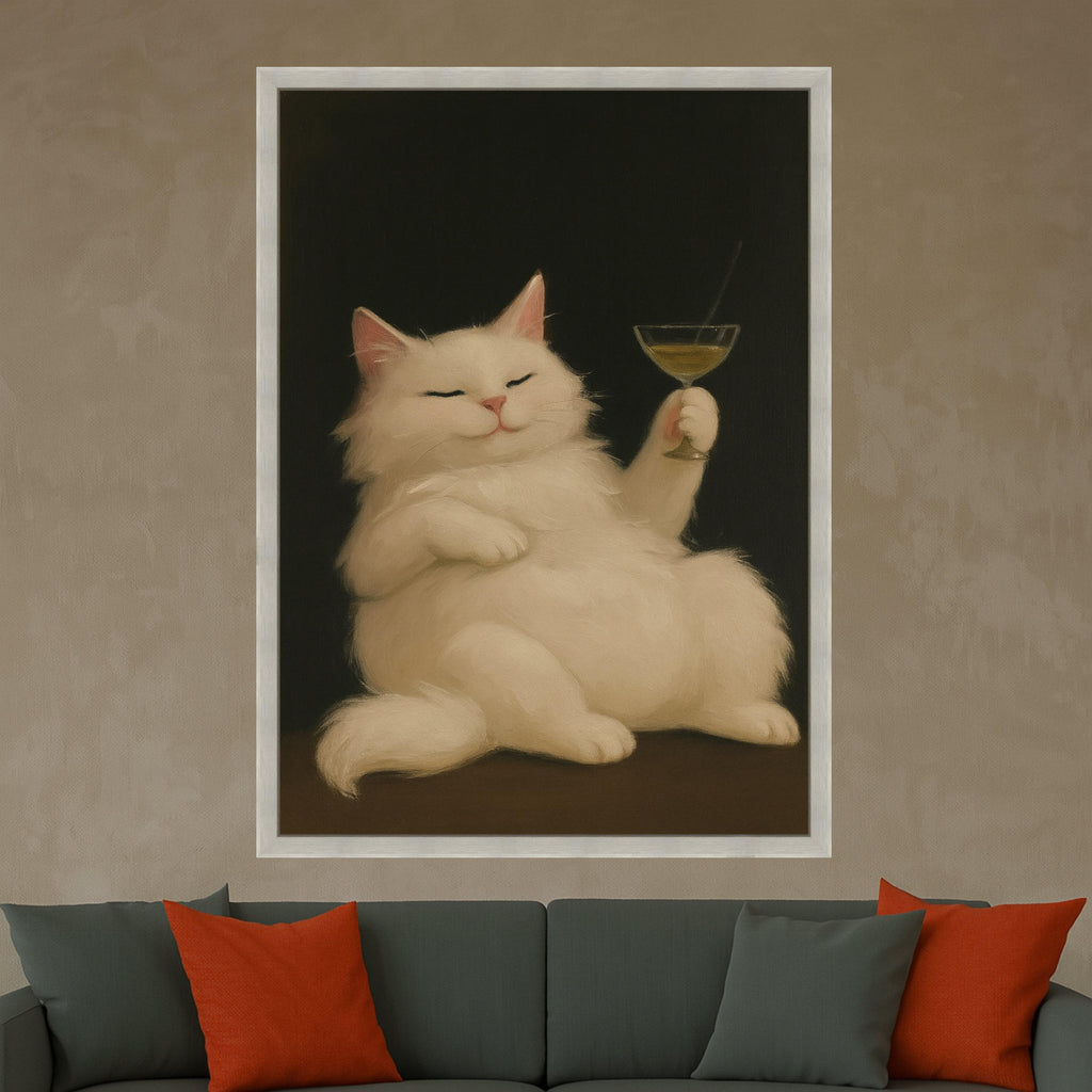 Funny Cat Canvas Print – White Cat Wall Art with Cocktail, Quirky Wall Decor, Ready to Hang Animal Wall Decoration