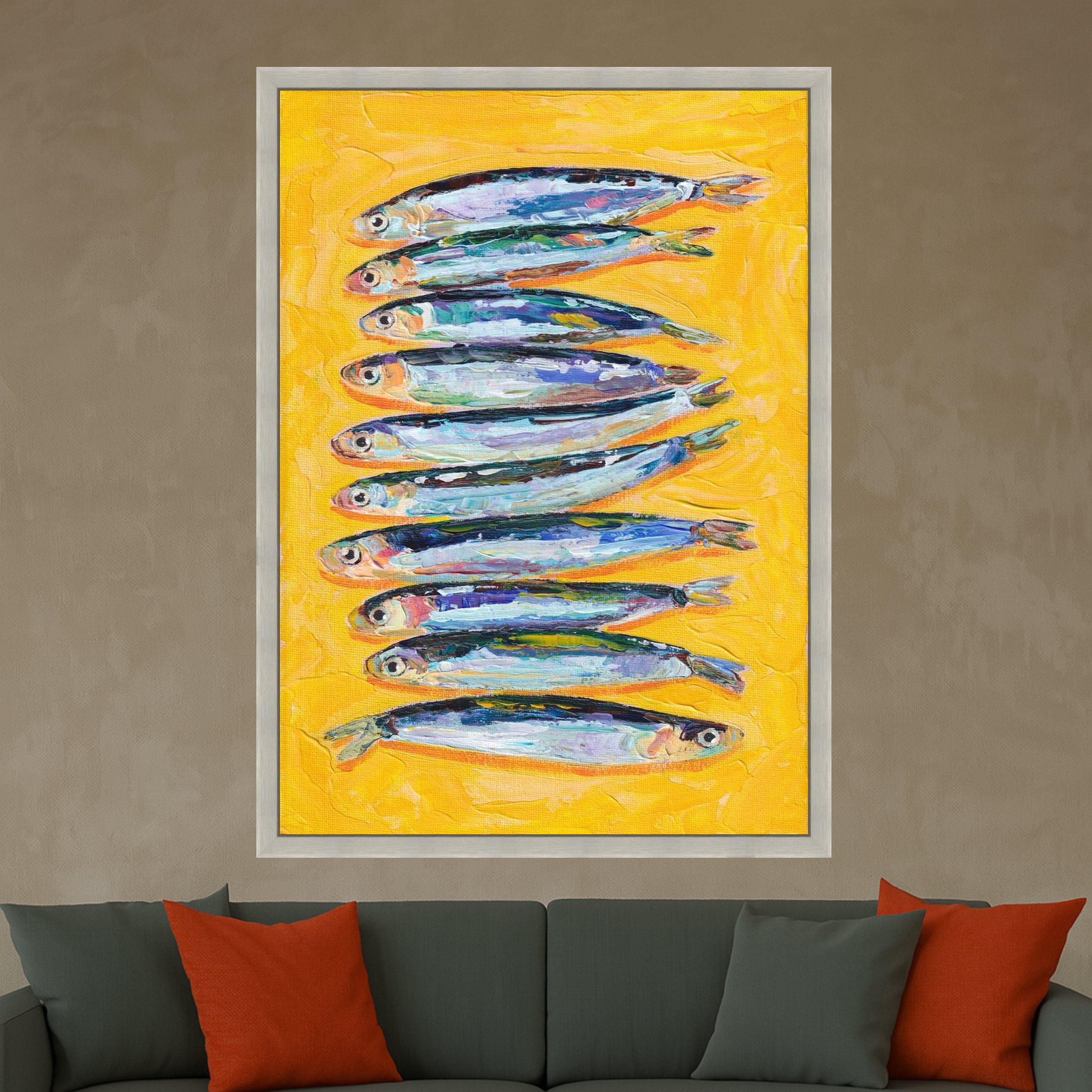 Colorful Fish Canvas Print – Modern Coastal Kitchen Wall Art – Bold Yellow Wall Decor – Ready to Hang Nautical Painting