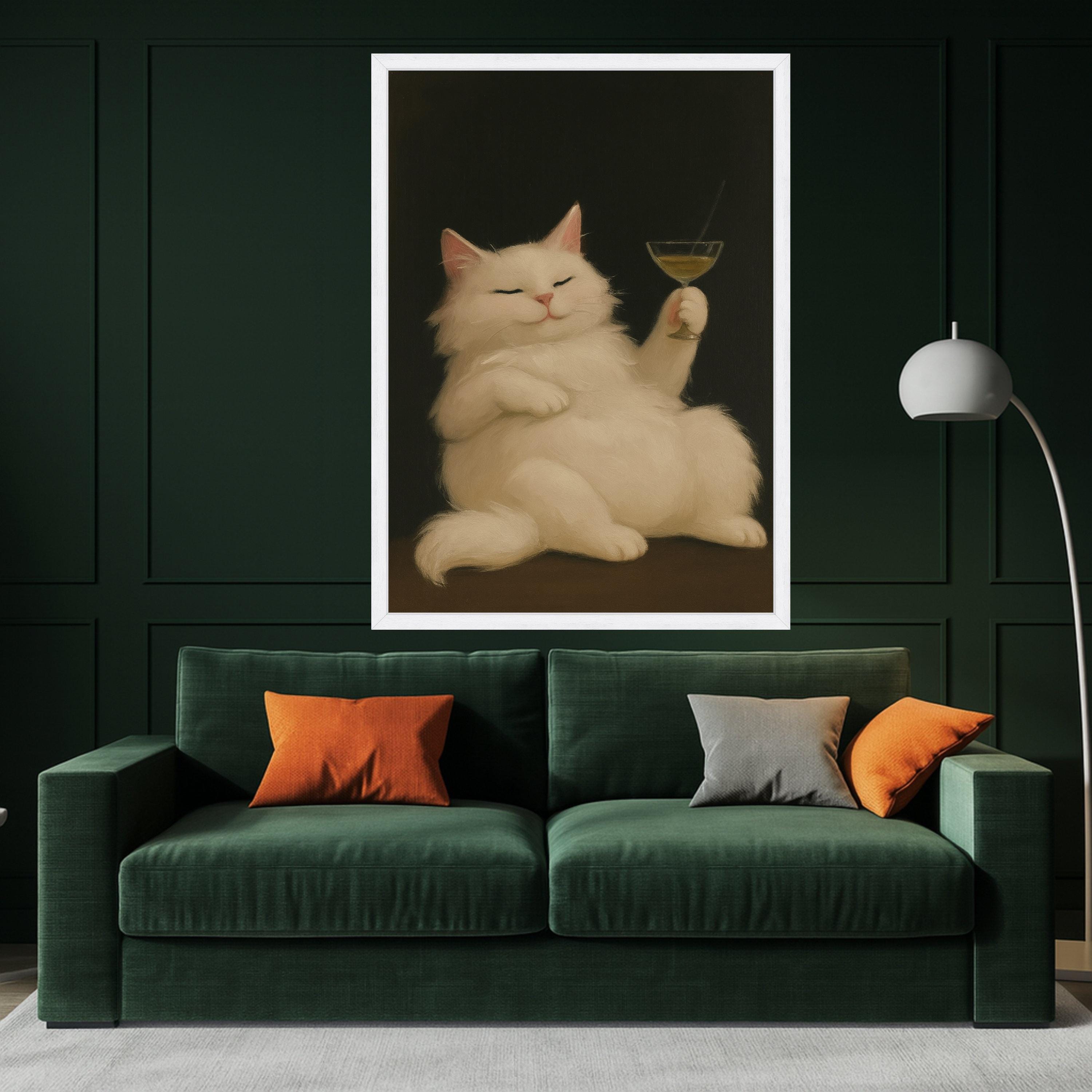 Funny Cat Canvas Print – White Cat Wall Art with Cocktail, Quirky Wall Decor, Ready to Hang Animal Wall Decoration