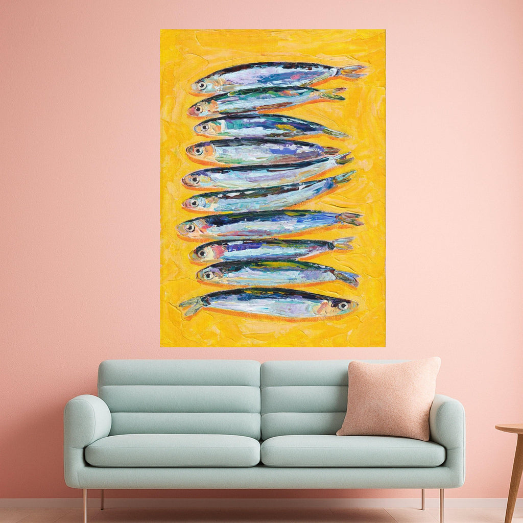 Colorful Fish Canvas Print – Modern Coastal Kitchen Wall Art – Bold Yellow Wall Decor – Ready to Hang Nautical Painting