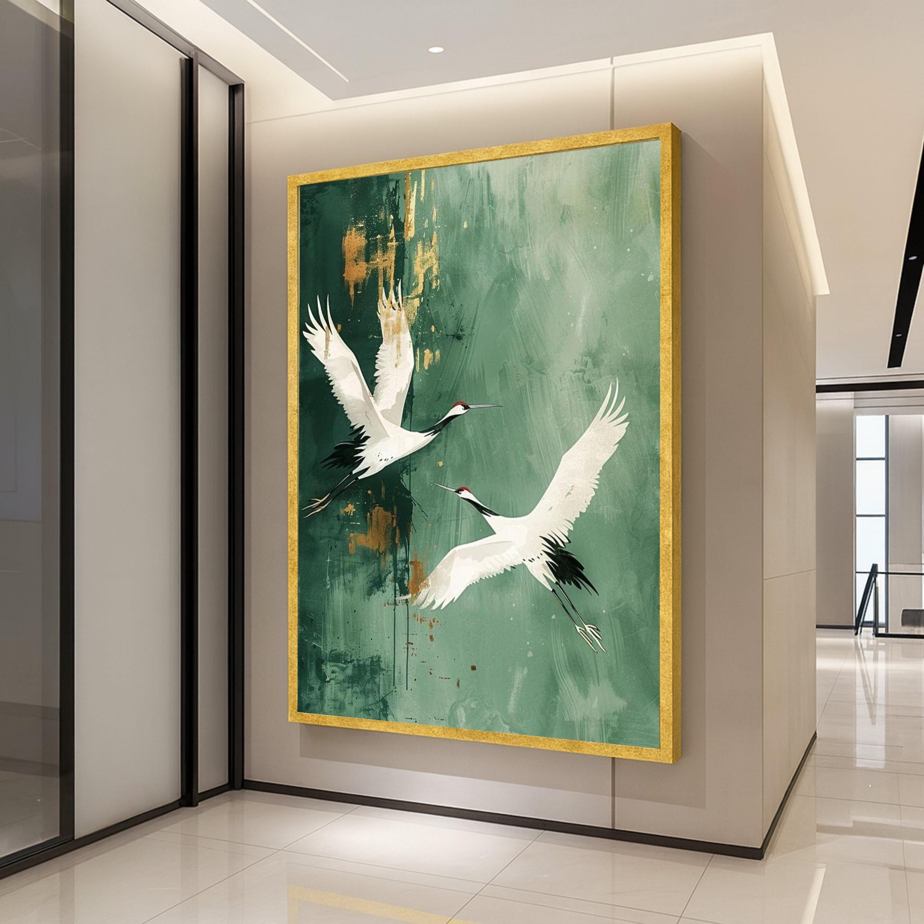 Red-Crowned Crane Canvas Print – Japanese Crane Wall Art on Green, Minimalist Nature Wall Decoration, Ready to Hang