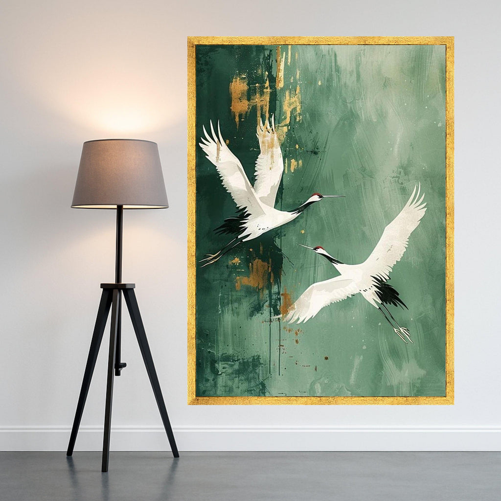 Red-Crowned Crane Canvas Print – Japanese Crane Wall Art on Green, Minimalist Nature Wall Decoration, Ready to Hang