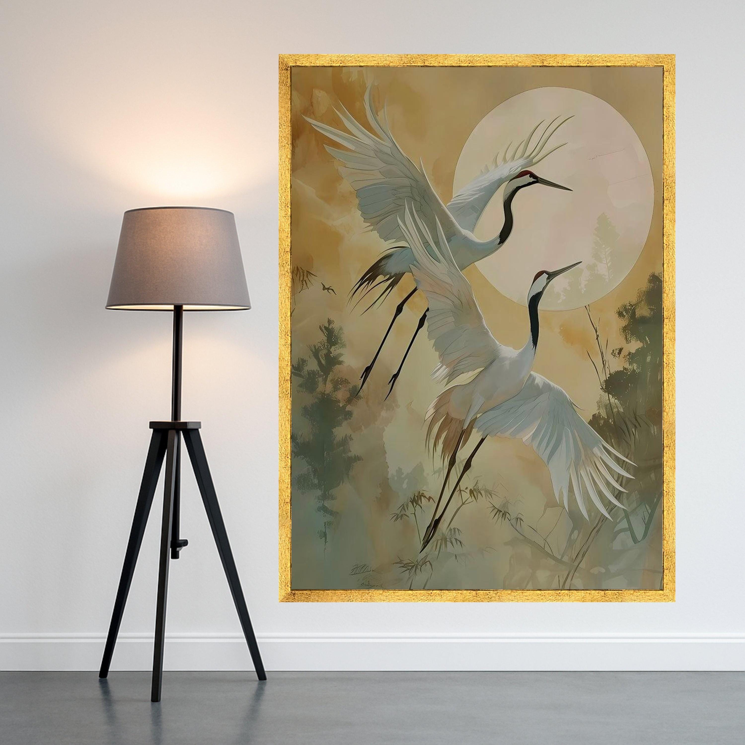 Japanese Crane Canvas Print – Elegant Red Crowned Cranes Wall Art with Moon, Nature Wall Decoration, Zen Style Ready to Hang