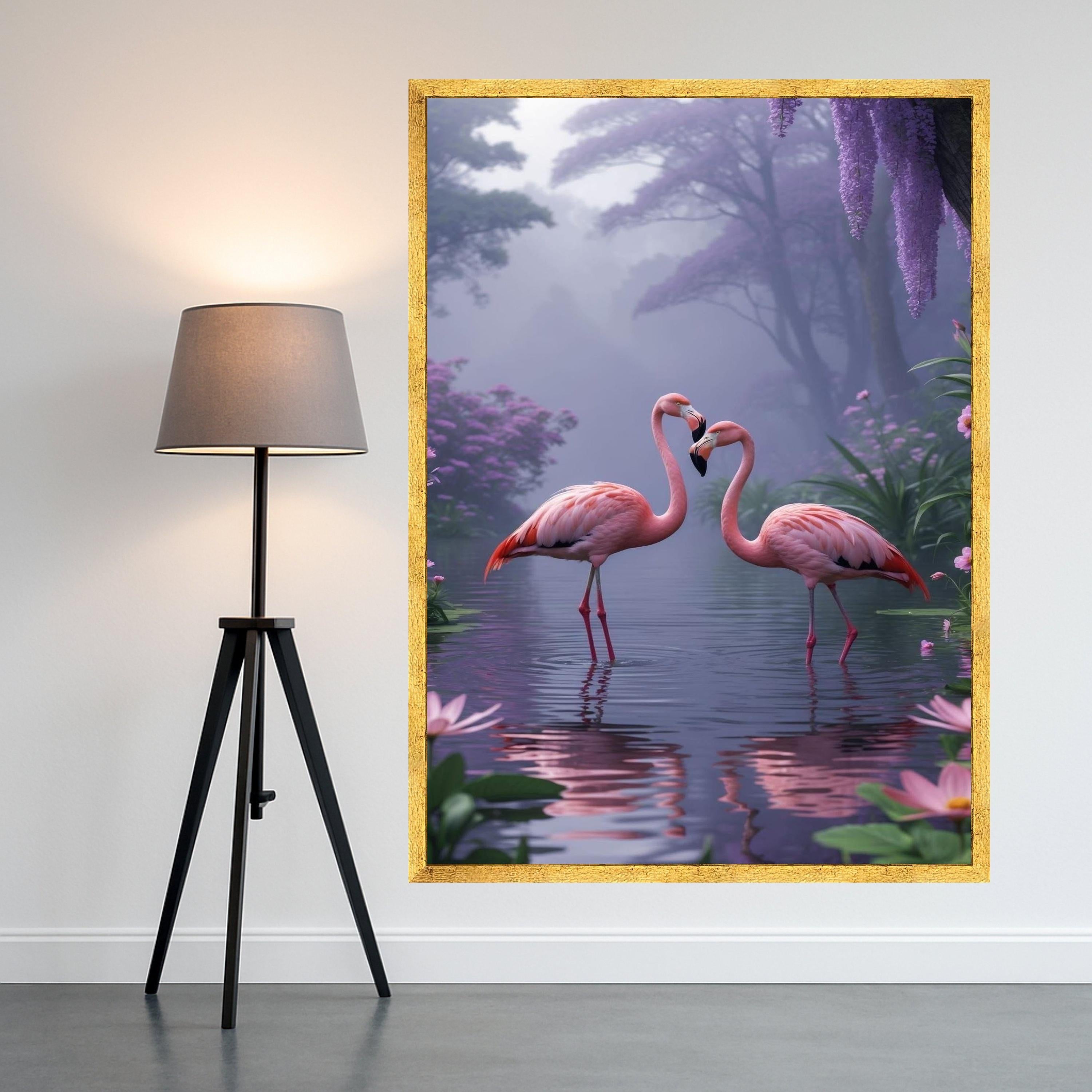 Romantic Flamingos Canvas Print – Misty Nature Wall Art – Pink Bird Wall Decor for Bedroom or Nursery – Ready to Hang Painting