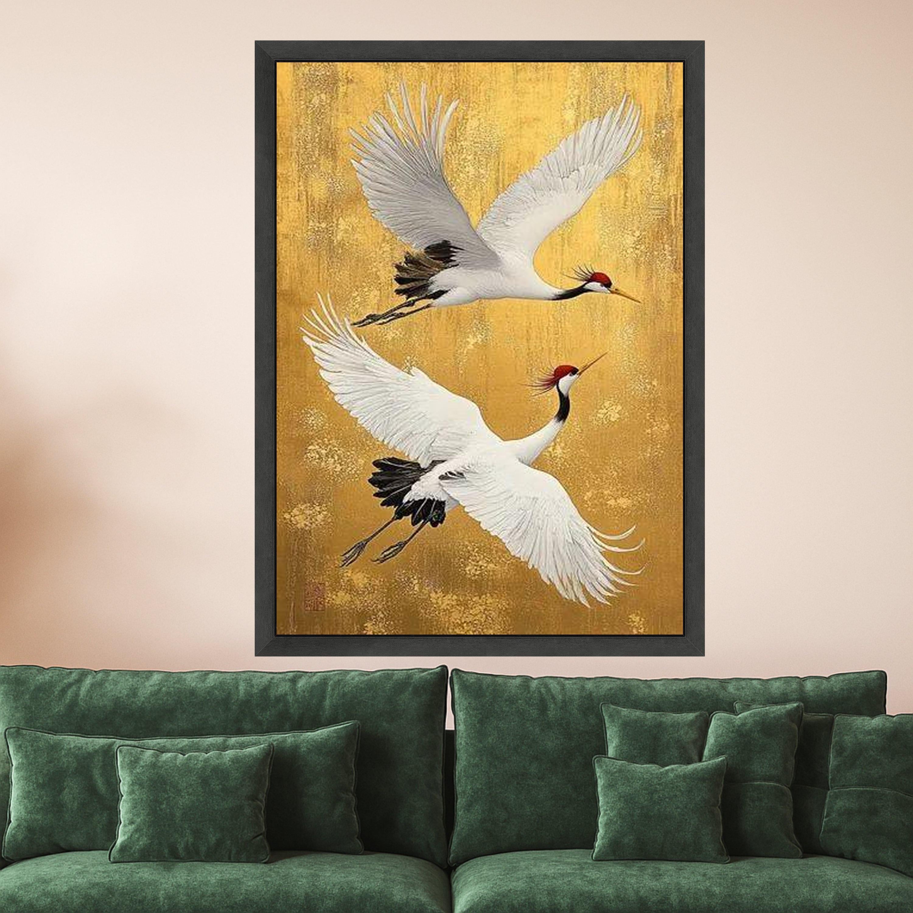 Elegant Cranes Flying Canvas Wall Art, Asian Bird Painting, Nature Wildlife Canvas, Gold Background Wall Decor, Ready to Hang Ready To Hang,