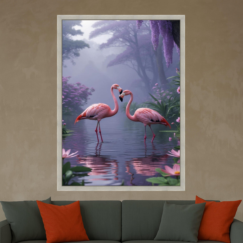 Romantic Flamingos Canvas Print – Misty Nature Wall Art – Pink Bird Wall Decor for Bedroom or Nursery – Ready to Hang Painting