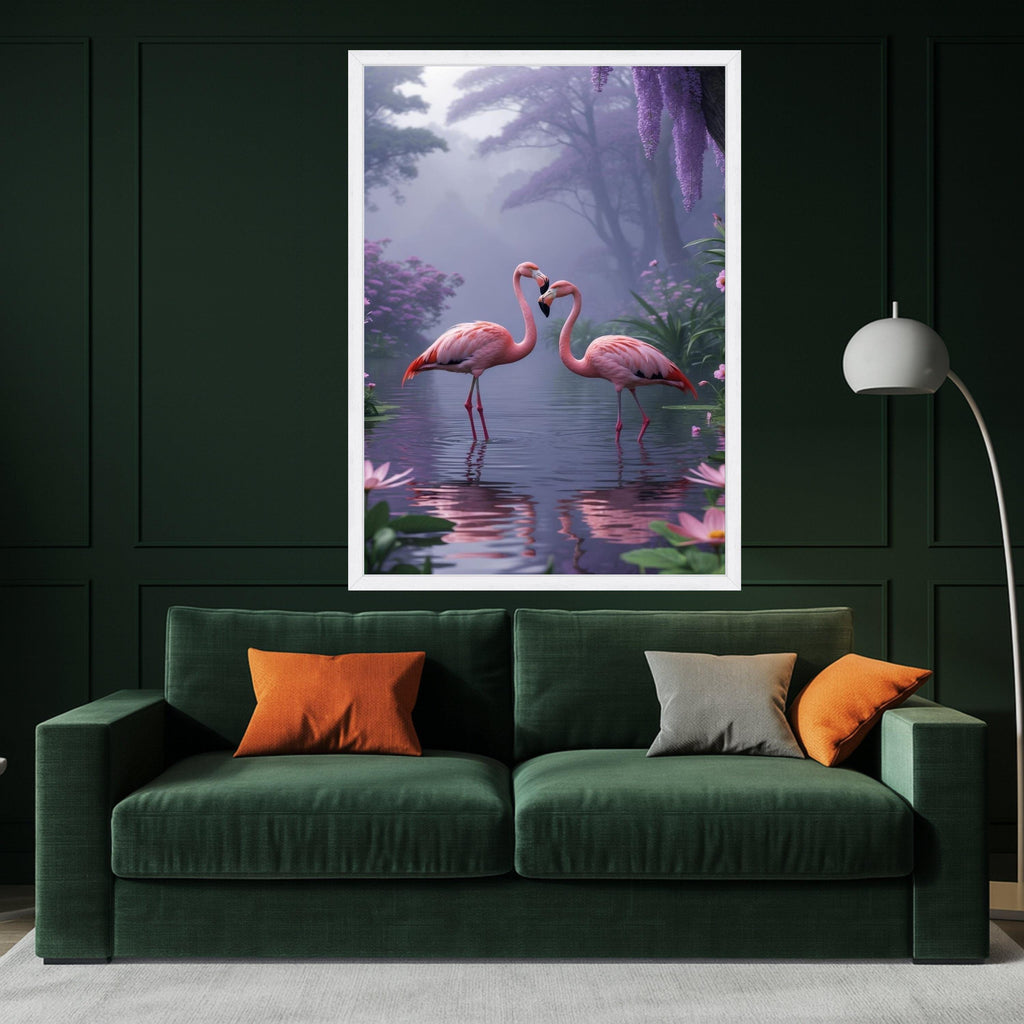 Romantic Flamingos Canvas Print – Misty Nature Wall Art – Pink Bird Wall Decor for Bedroom or Nursery – Ready to Hang Painting