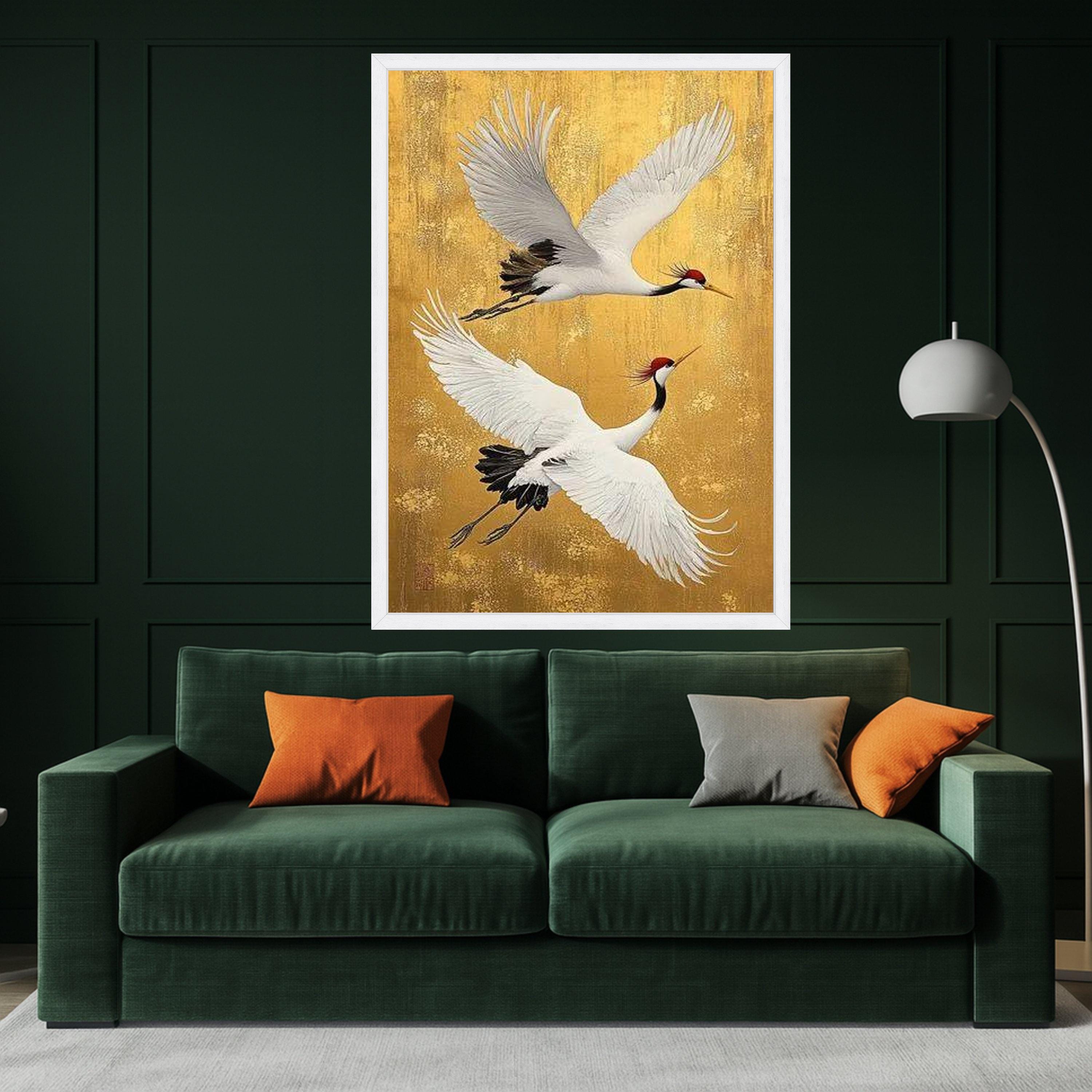Elegant Cranes Flying Canvas Wall Art, Asian Bird Painting, Nature Wildlife Canvas, Gold Background Wall Decor, Ready to Hang Ready To Hang,