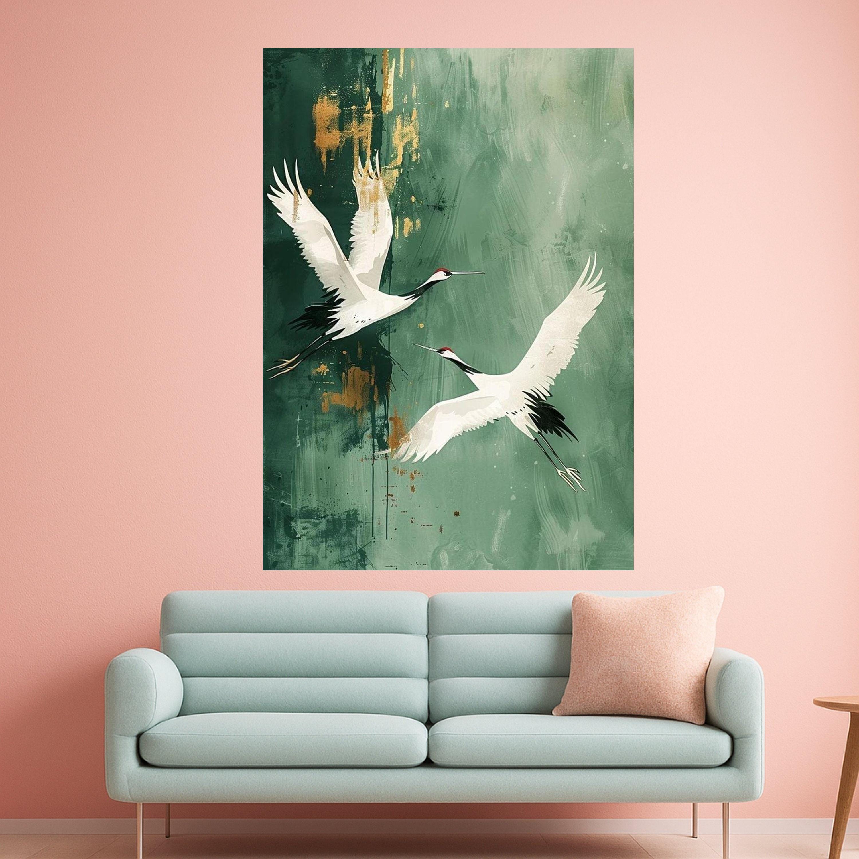 Red-Crowned Crane Canvas Print – Japanese Crane Wall Art on Green, Minimalist Nature Wall Decoration, Ready to Hang