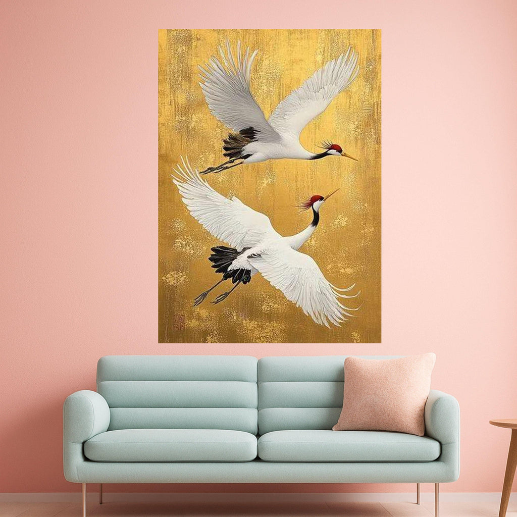 Elegant Cranes Flying Canvas Wall Art, Asian Bird Painting, Nature Wildlife Canvas, Gold Background Wall Decor, Ready to Hang Ready To Hang,
