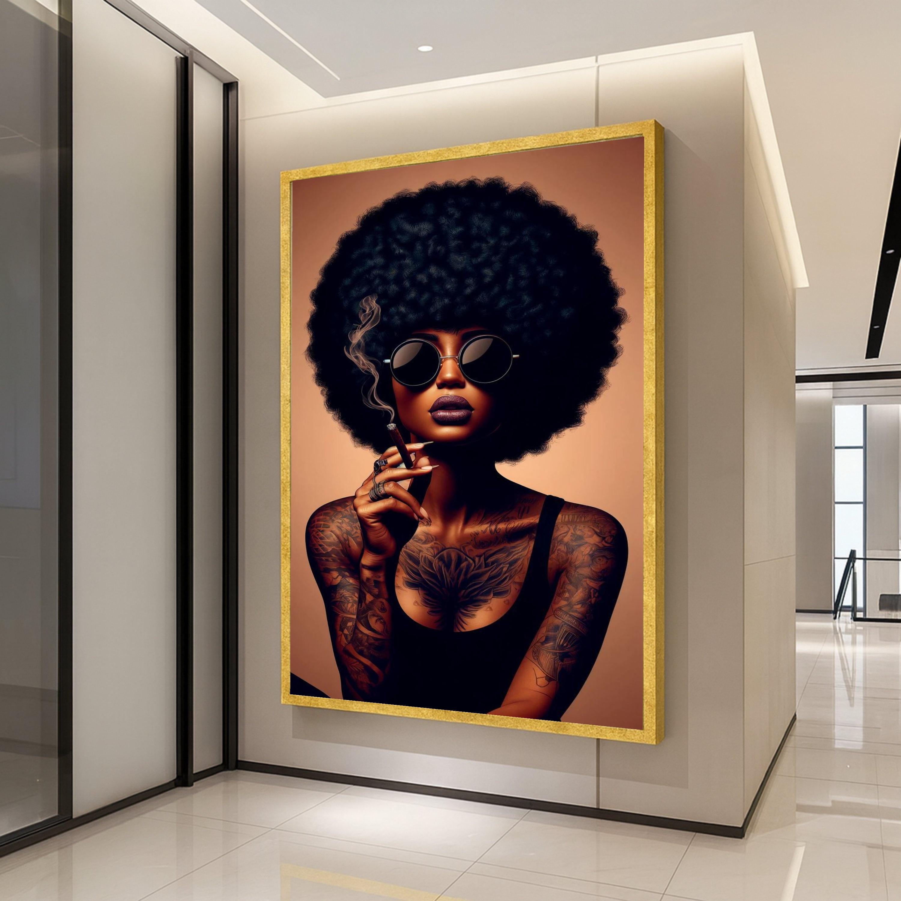 Afro Woman Canvas Print – Bold Tattooed Portrait Wall Art – Urban Chic Wall Decor – Ready to Hang Modern Attitude Painting