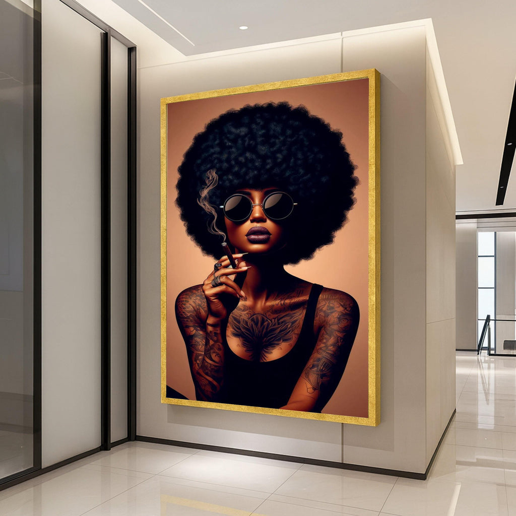 Afro Woman Canvas Print – Bold Tattooed Portrait Wall Art – Urban Chic Wall Decor – Ready to Hang Modern Attitude Painting