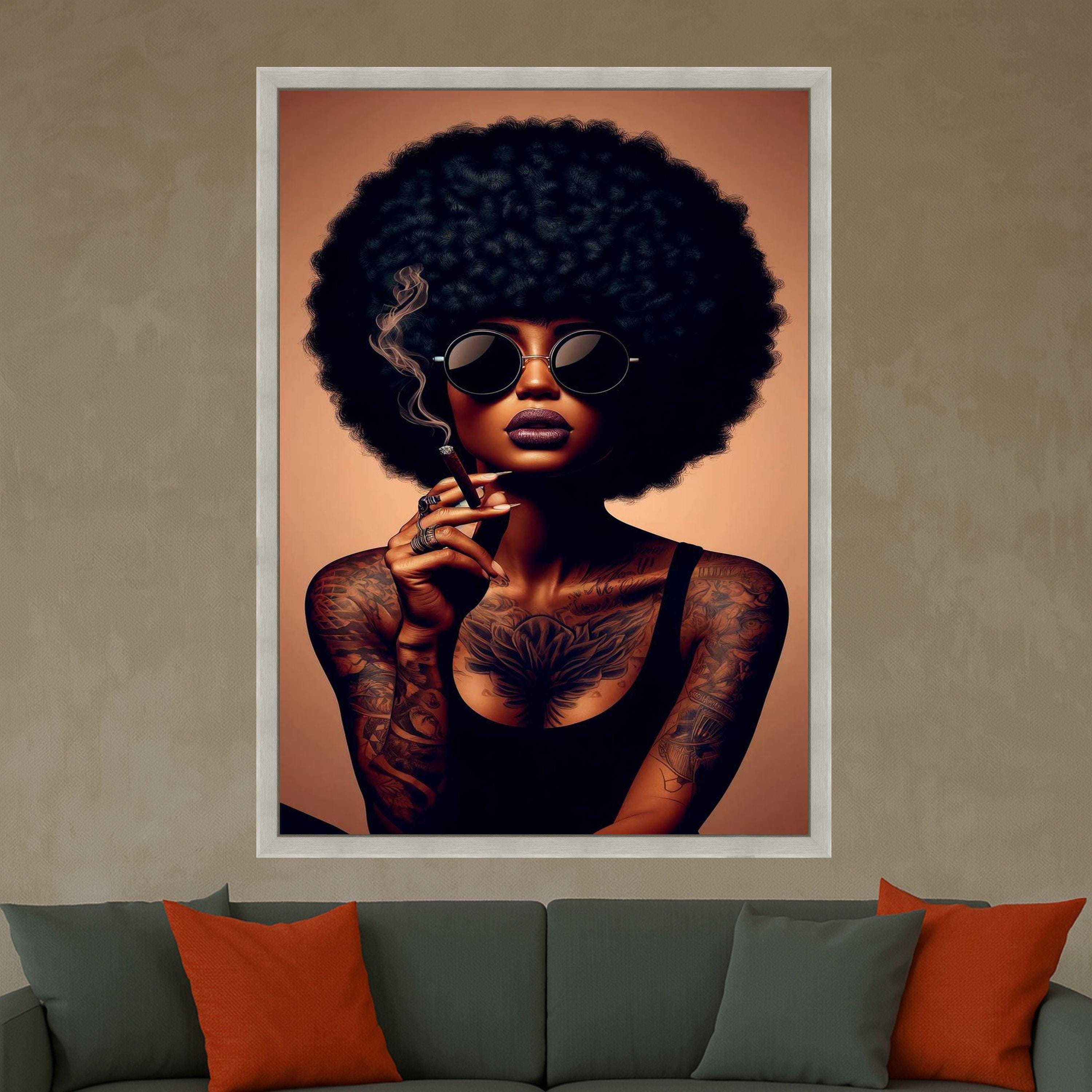 Afro Woman Canvas Print – Bold Tattooed Portrait Wall Art – Urban Chic Wall Decor – Ready to Hang Modern Attitude Painting