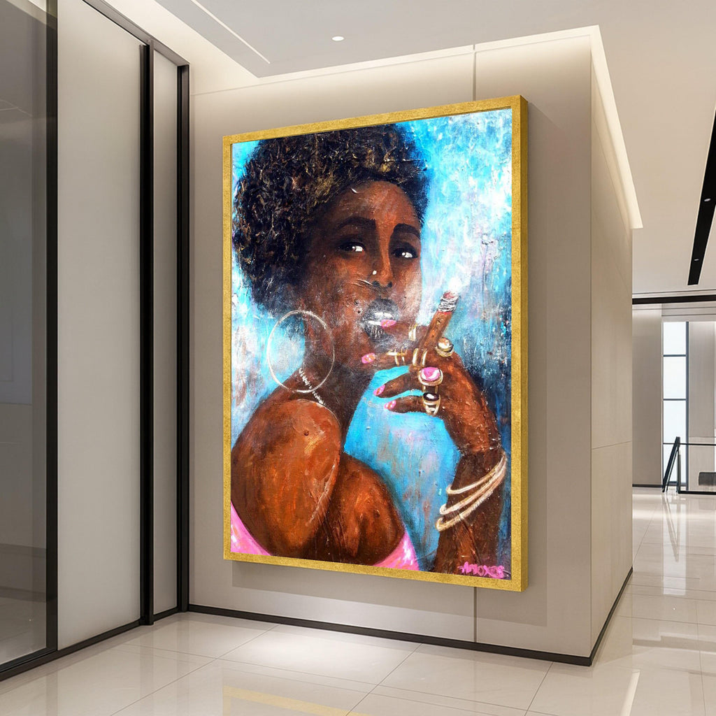 Elegant Black Woman Smoking Cigar Canvas, Afrocentric Portrait Art, Modern Wall Decor, Bold Feminine Canvas, Statement Home Ready To Hang,