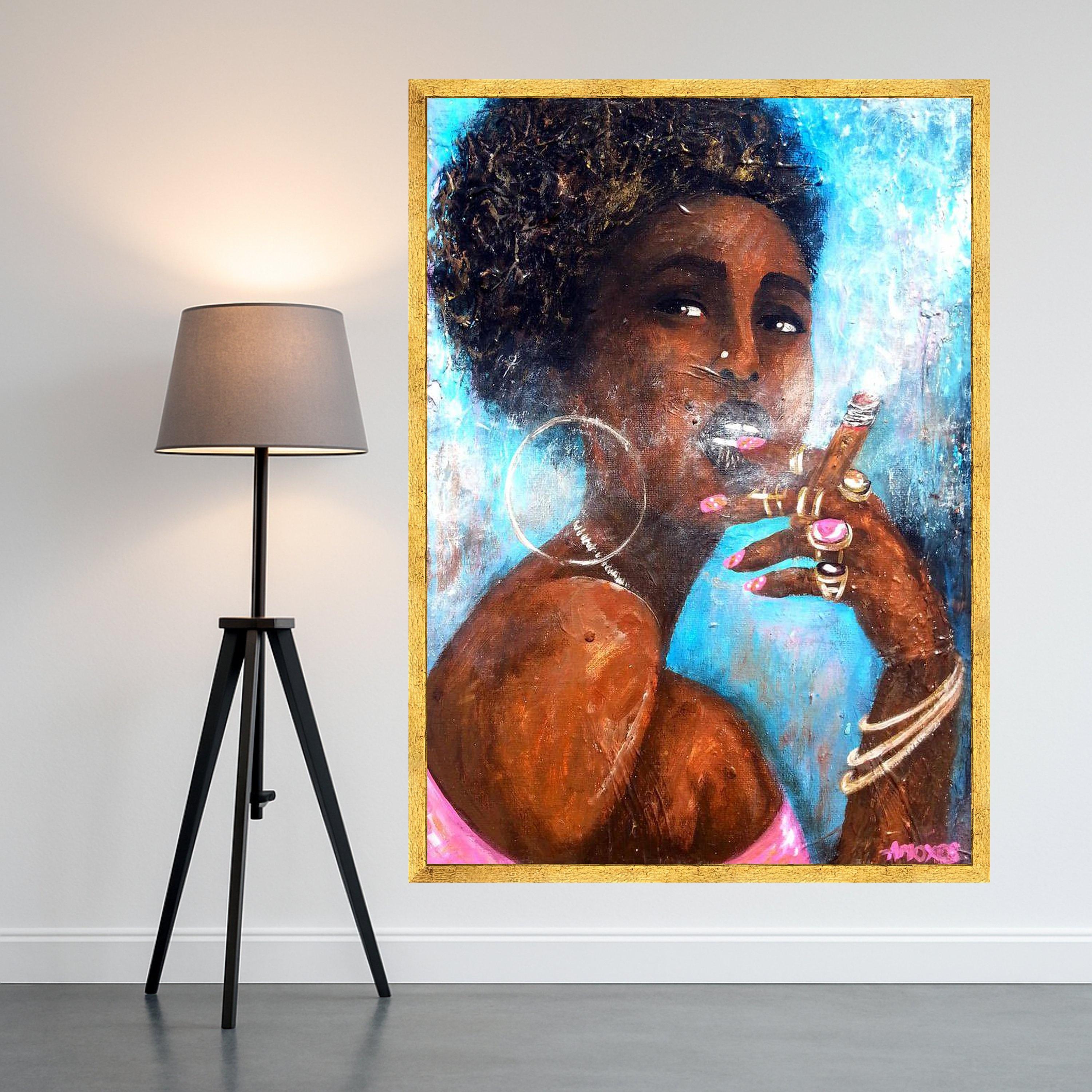 Elegant Black Woman Smoking Cigar Canvas, Afrocentric Portrait Art, Modern Wall Decor, Bold Feminine Canvas, Statement Home Ready To Hang,