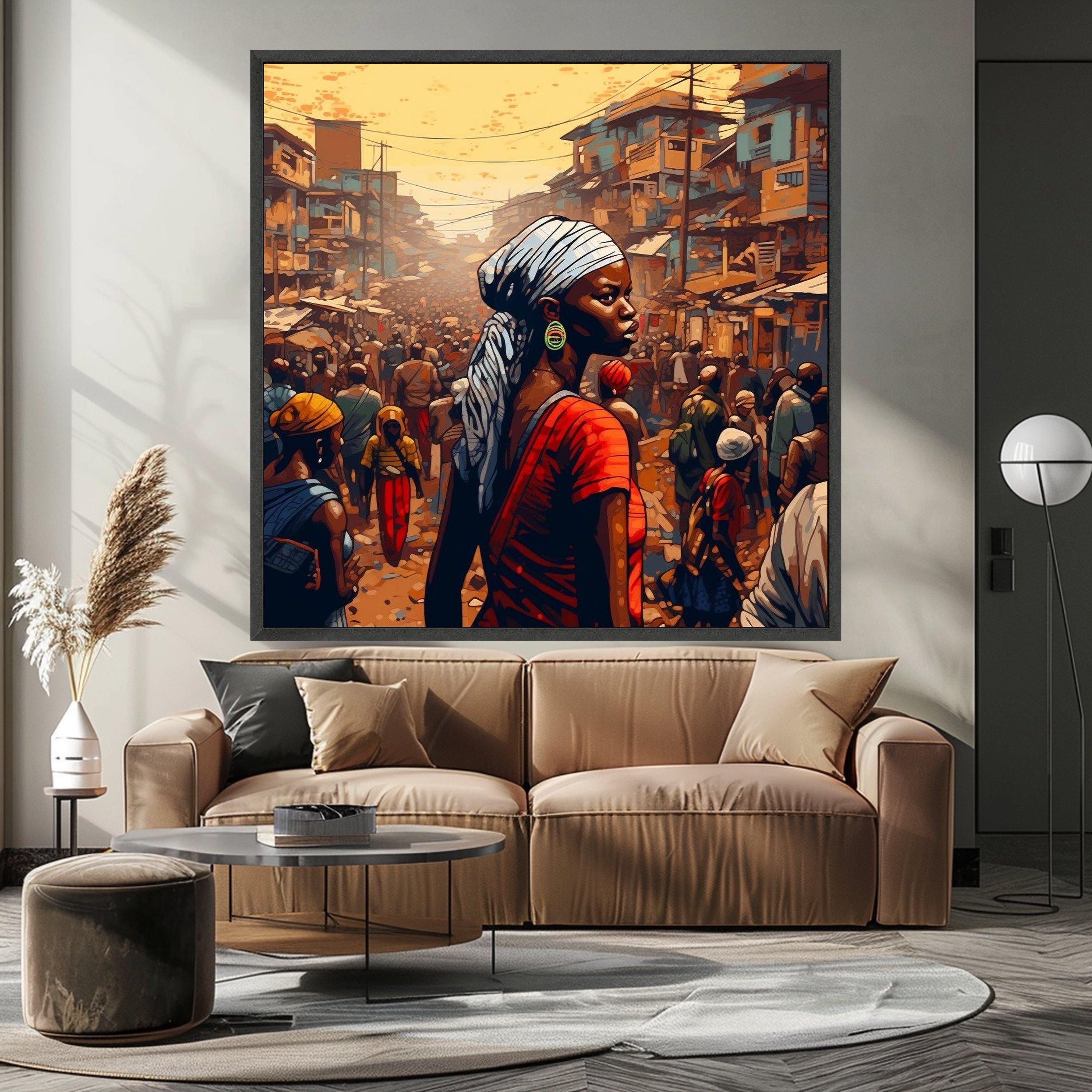 African Street Market Canvas Print – Bold Cultural Portrait Wall Art – Urban Wall Decor – Ready to Hang Afrocentric Painting