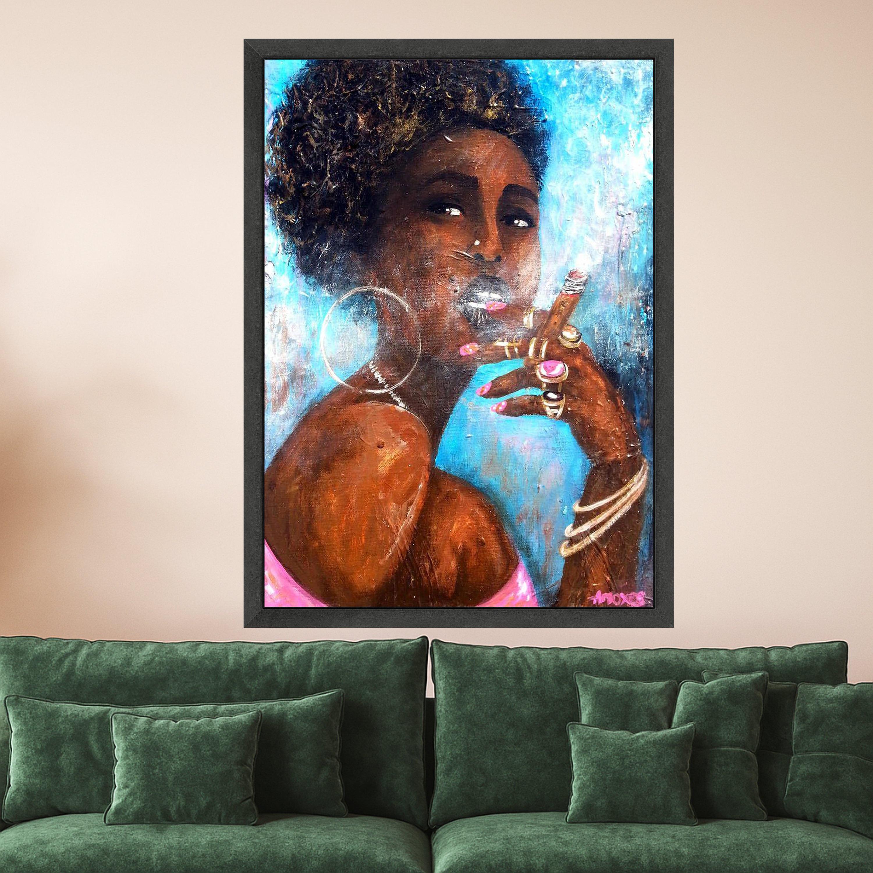 Elegant Black Woman Smoking Cigar Canvas, Afrocentric Portrait Art, Modern Wall Decor, Bold Feminine Canvas, Statement Home Ready To Hang,