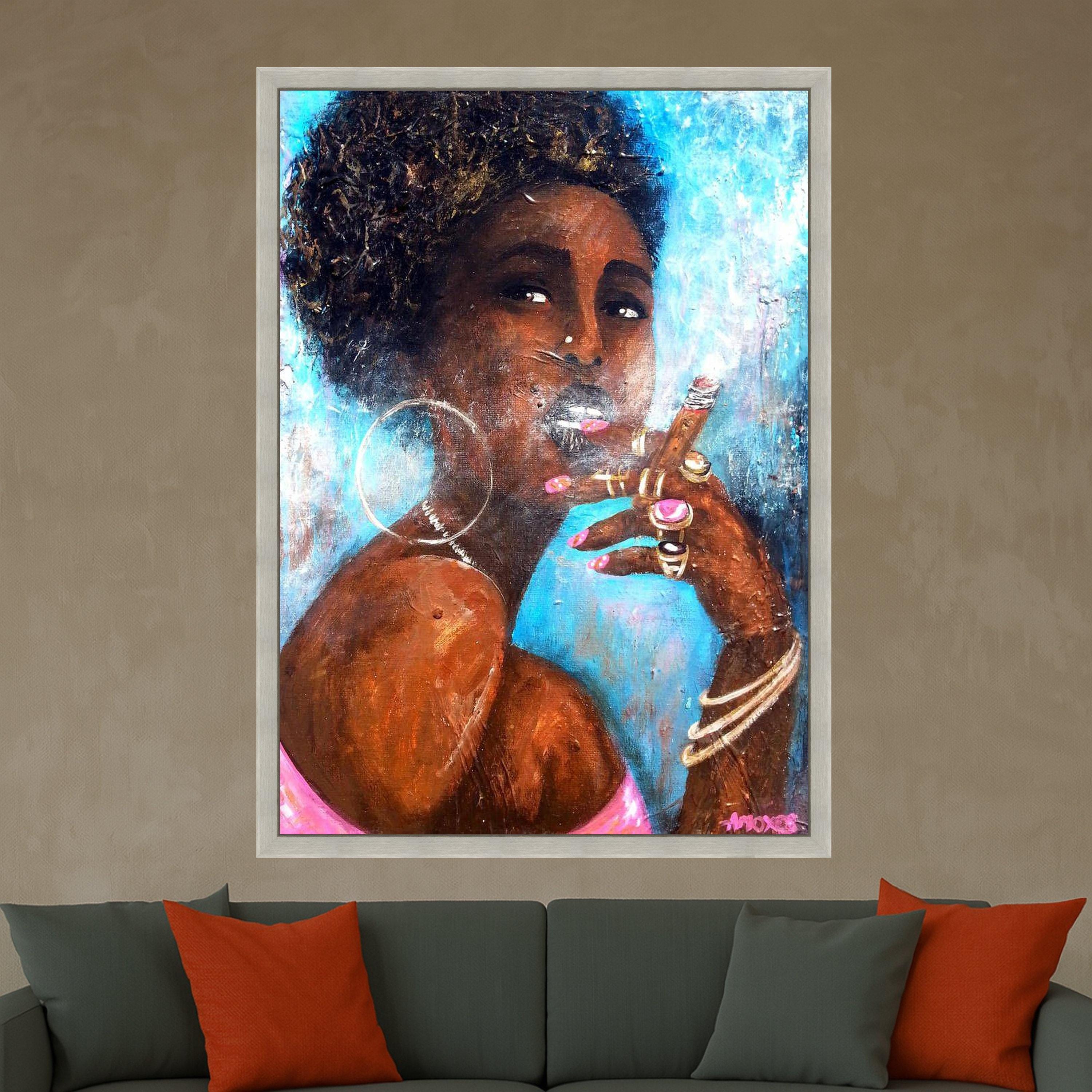 Elegant Black Woman Smoking Cigar Canvas, Afrocentric Portrait Art, Modern Wall Decor, Bold Feminine Canvas, Statement Home Ready To Hang,