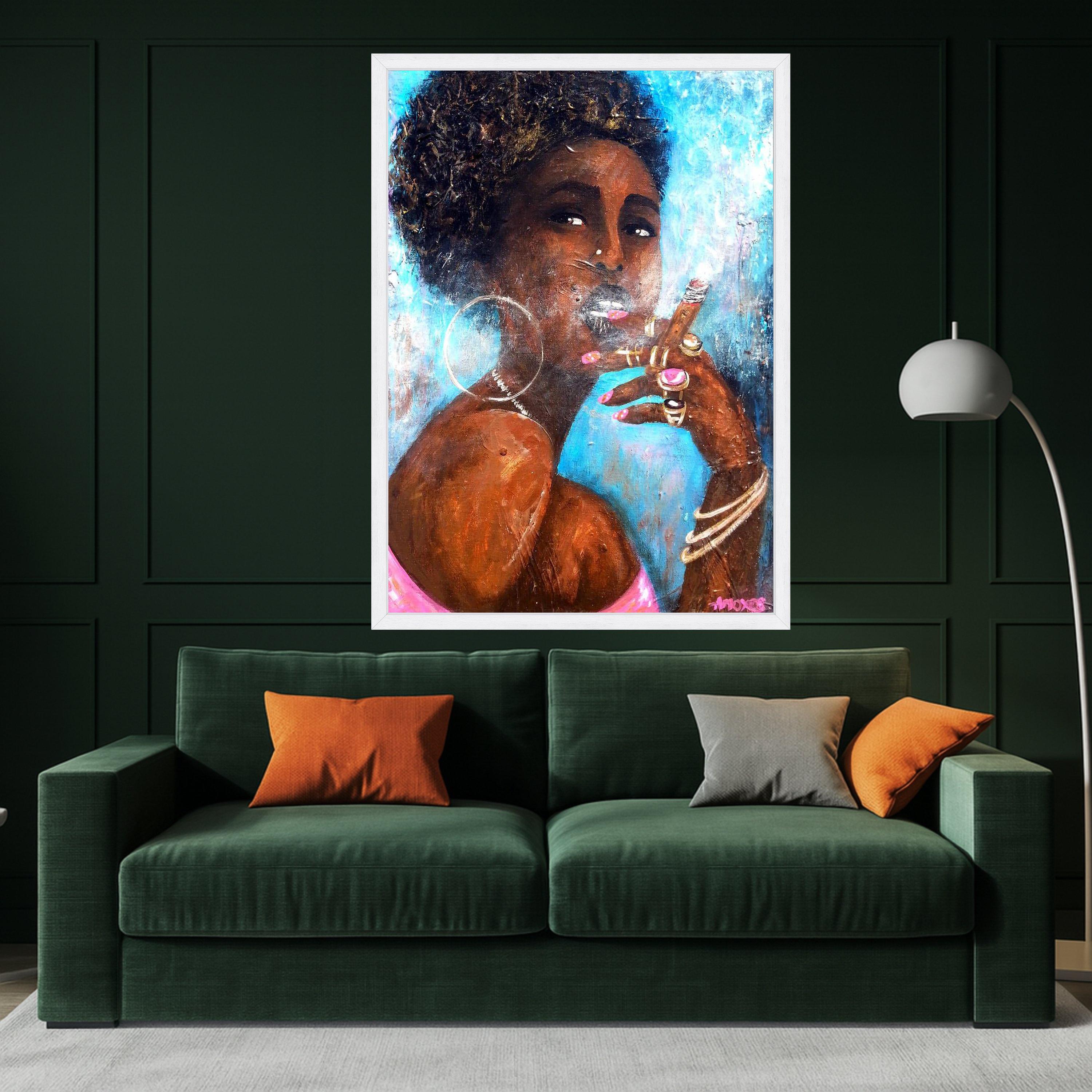 Elegant Black Woman Smoking Cigar Canvas, Afrocentric Portrait Art, Modern Wall Decor, Bold Feminine Canvas, Statement Home Ready To Hang,