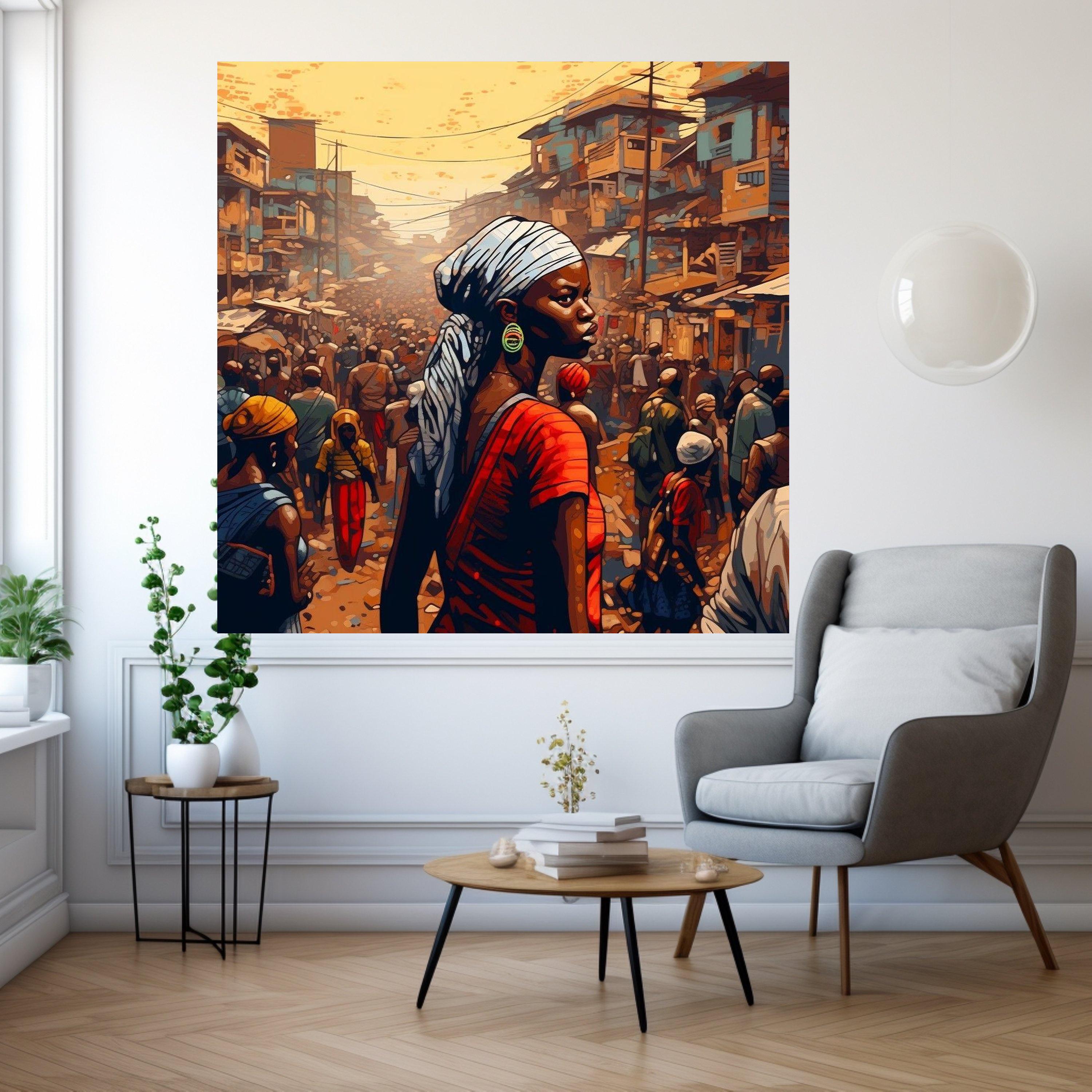 African Street Market Canvas Print – Bold Cultural Portrait Wall Art – Urban Wall Decor – Ready to Hang Afrocentric Painting