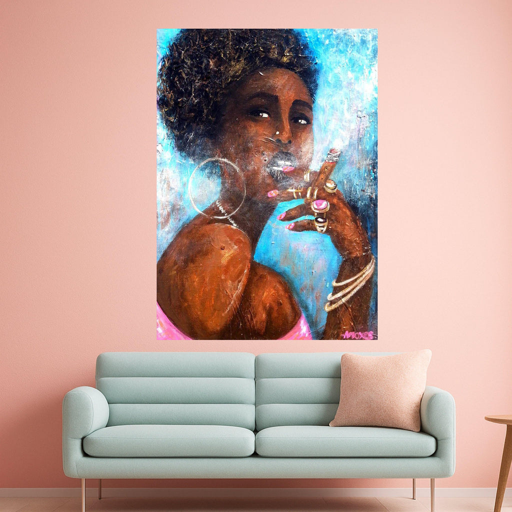 Elegant Black Woman Smoking Cigar Canvas, Afrocentric Portrait Art, Modern Wall Decor, Bold Feminine Canvas, Statement Home Ready To Hang,