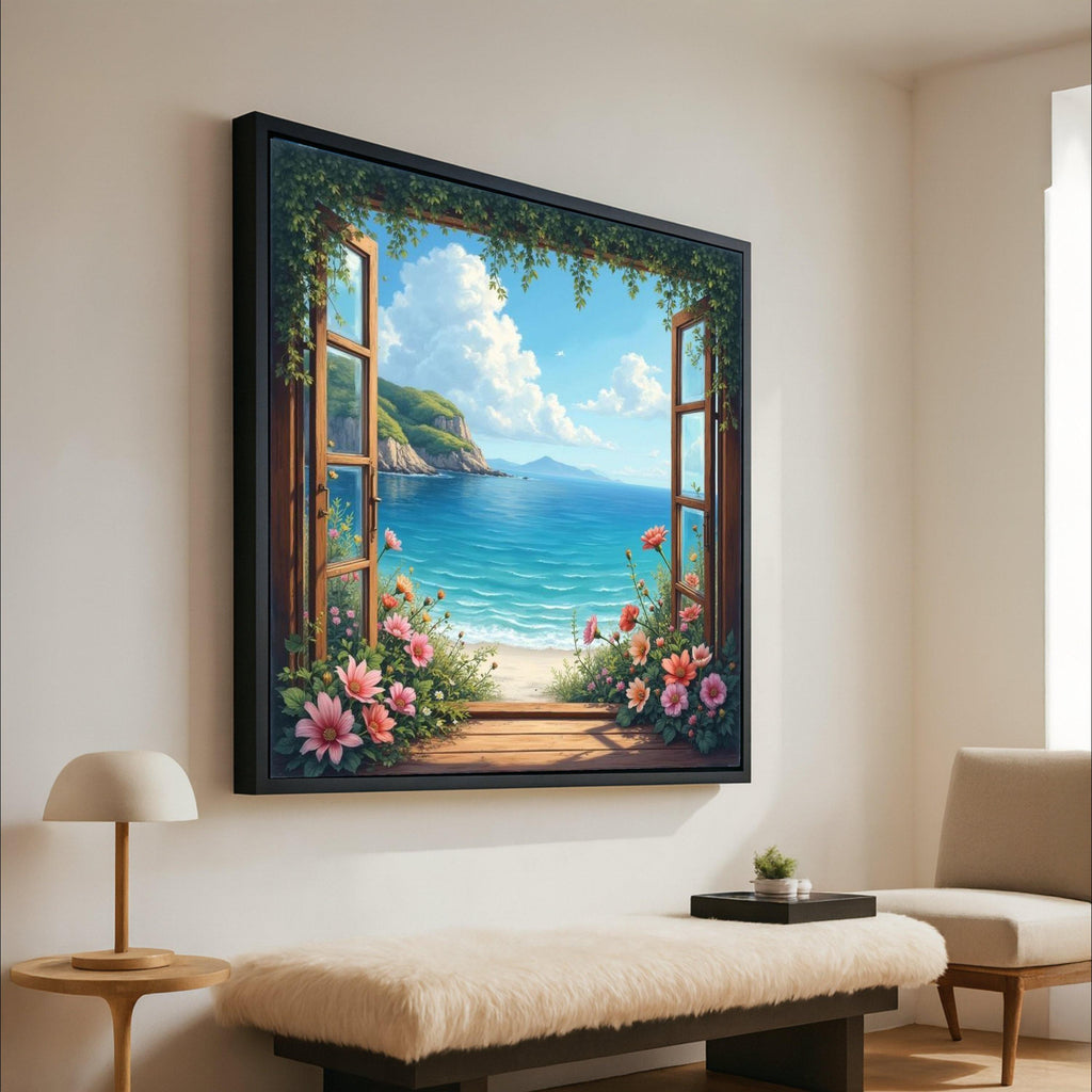 Coastal Ocean View Canvas, Open Window Wall Art, Beach Landscape Painting, Floral Garden Canvas, Seaside Decor, Ready To Hang,