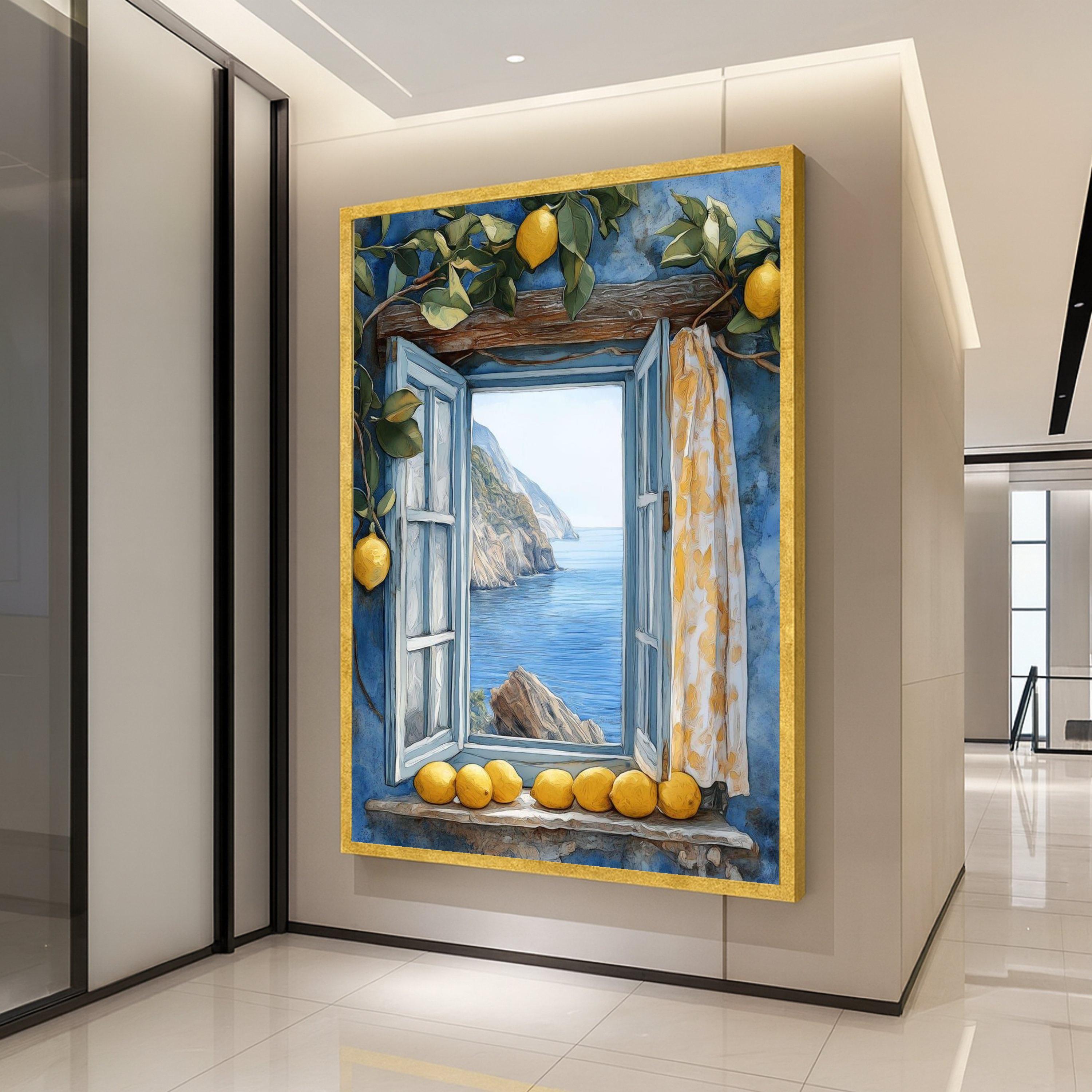 Lemon Window View Canvas Print – Mediterranean Wall Art with Sea Cliffs and Blue Shutters, Coastal Wall Decor, Ready to Hang