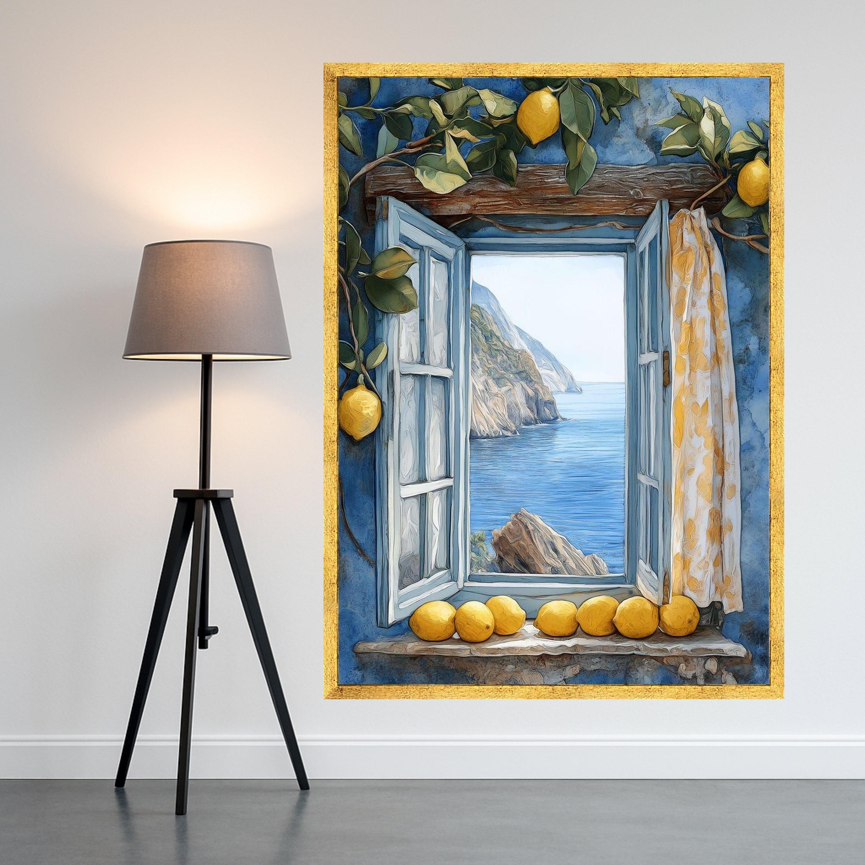 Lemon Window View Canvas Print – Mediterranean Wall Art with Sea Cliffs and Blue Shutters, Coastal Wall Decor, Ready to Hang