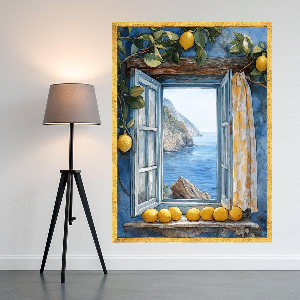 Lemon Window View Canvas Print – Mediterranean Wall Art with Sea Cliffs and Blue Shutters, Coastal Wall Decor, Ready to Hang