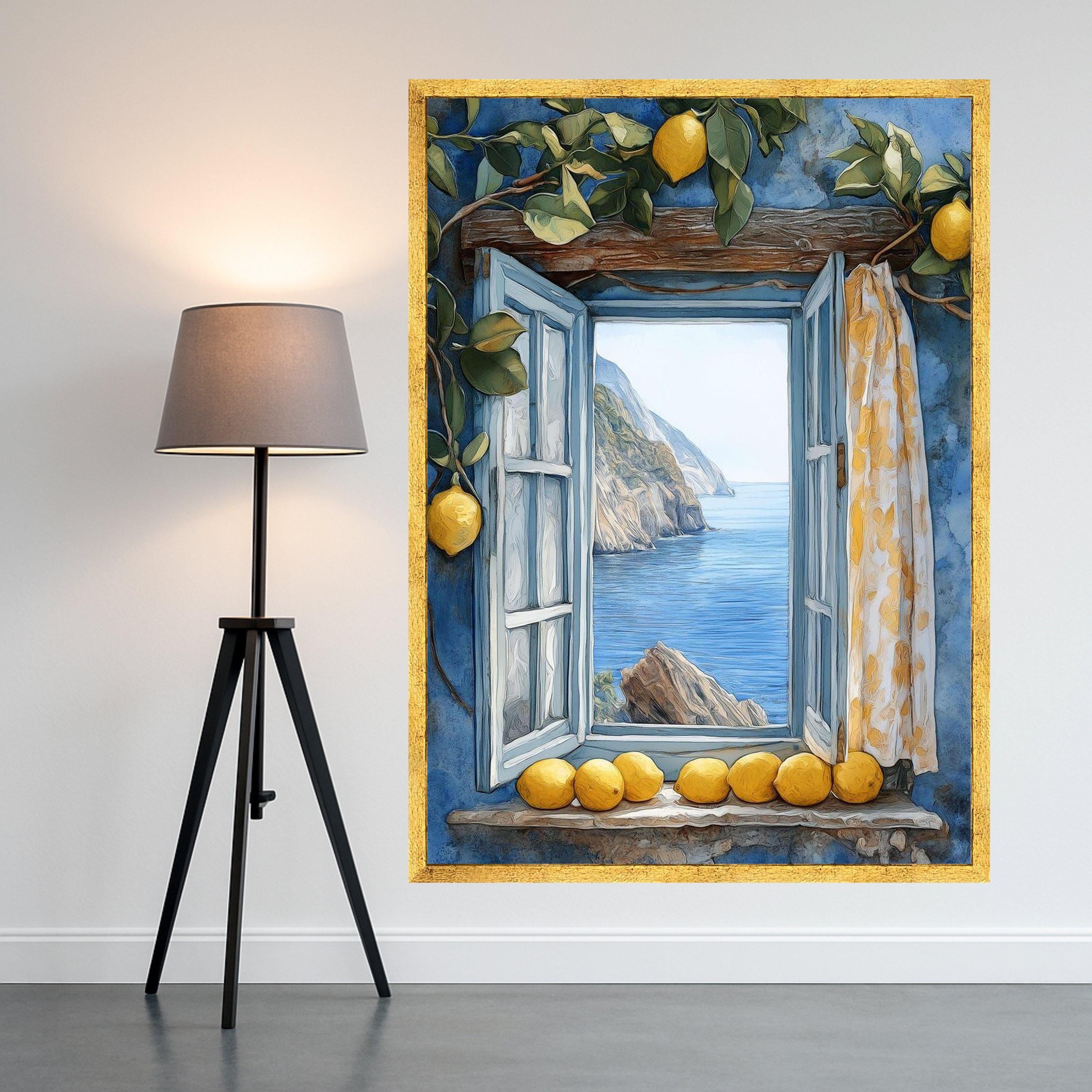 Lemon Window View Canvas Print – Mediterranean Wall Art with Sea Cliffs and Blue Shutters, Coastal Wall Decor, Ready to Hang