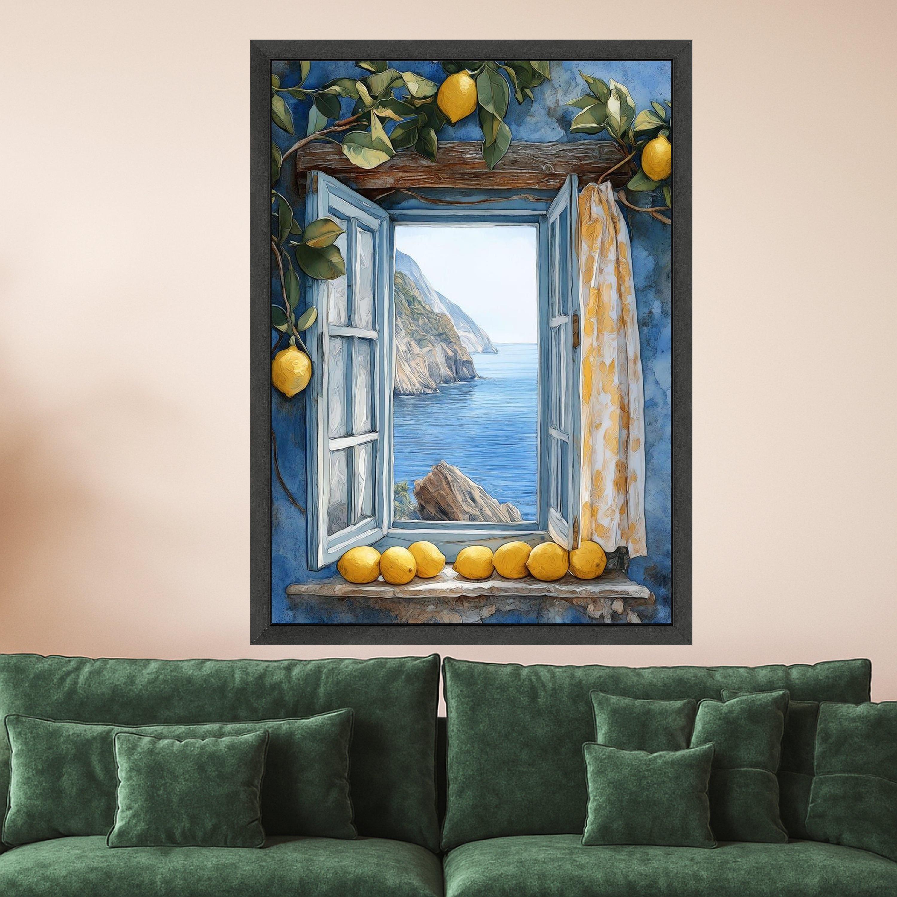 Lemon Window View Canvas Print – Mediterranean Wall Art with Sea Cliffs and Blue Shutters, Coastal Wall Decor, Ready to Hang