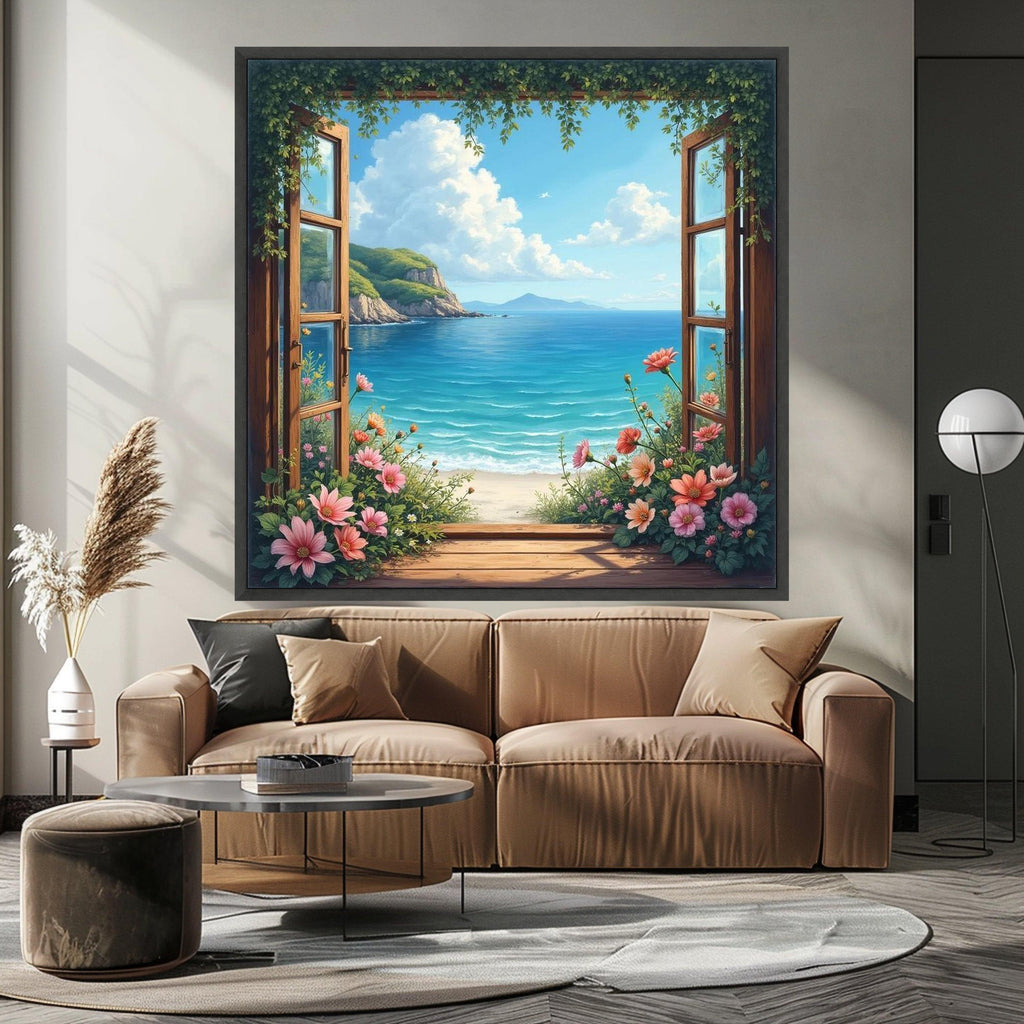 Coastal Ocean View Canvas, Open Window Wall Art, Beach Landscape Painting, Floral Garden Canvas, Seaside Decor, Ready To Hang,