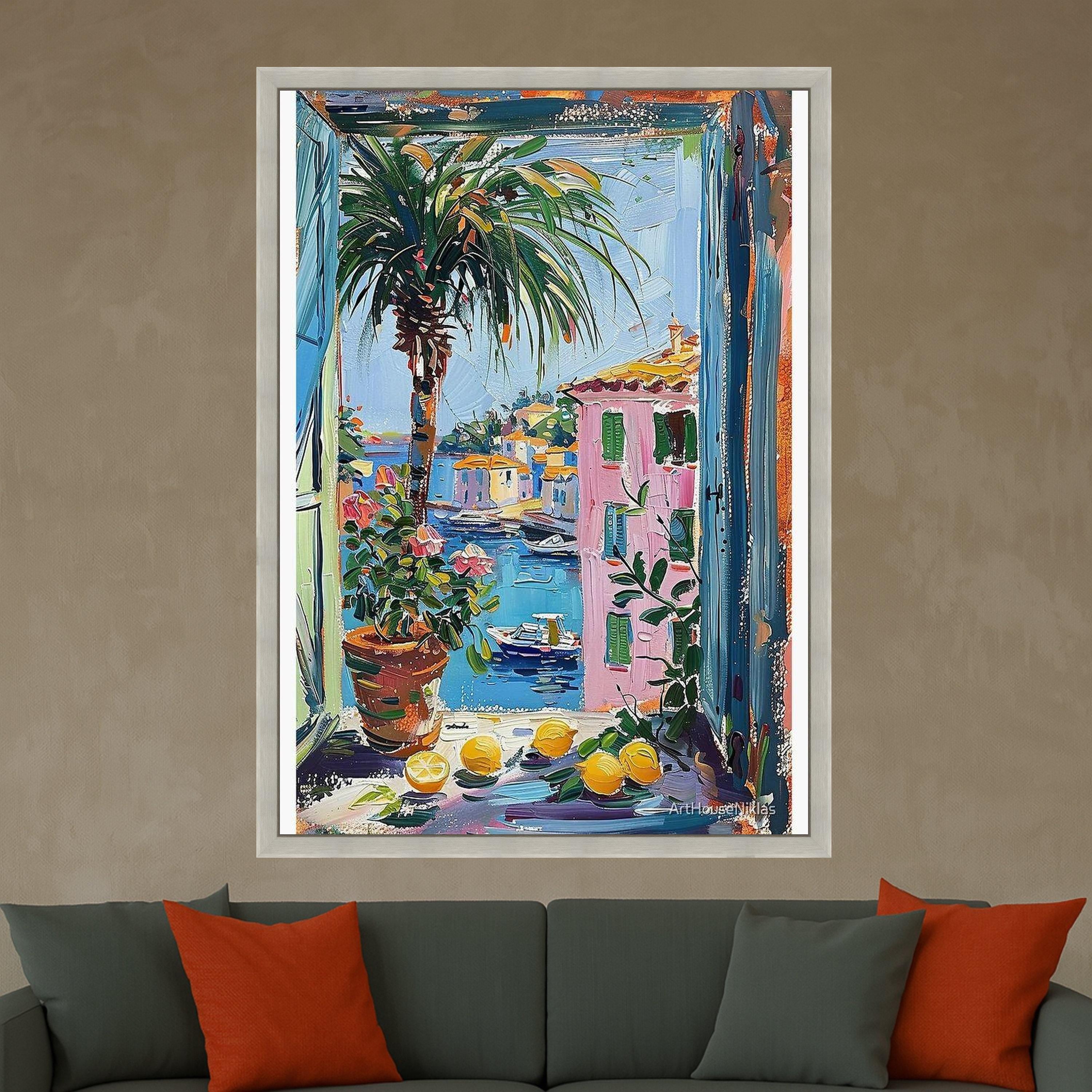 Coastal Mediterranean View Canvas, Window Scene Wall Art, Colorful Village Painting, Palm Tree and Lemons Canvas, Beach House Ready To Hang,