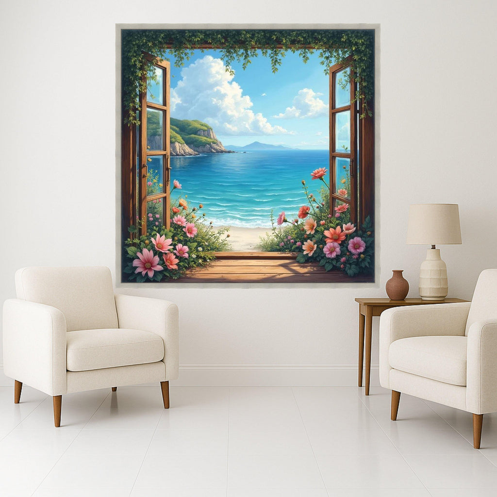 Coastal Ocean View Canvas, Open Window Wall Art, Beach Landscape Painting, Floral Garden Canvas, Seaside Decor, Ready To Hang,