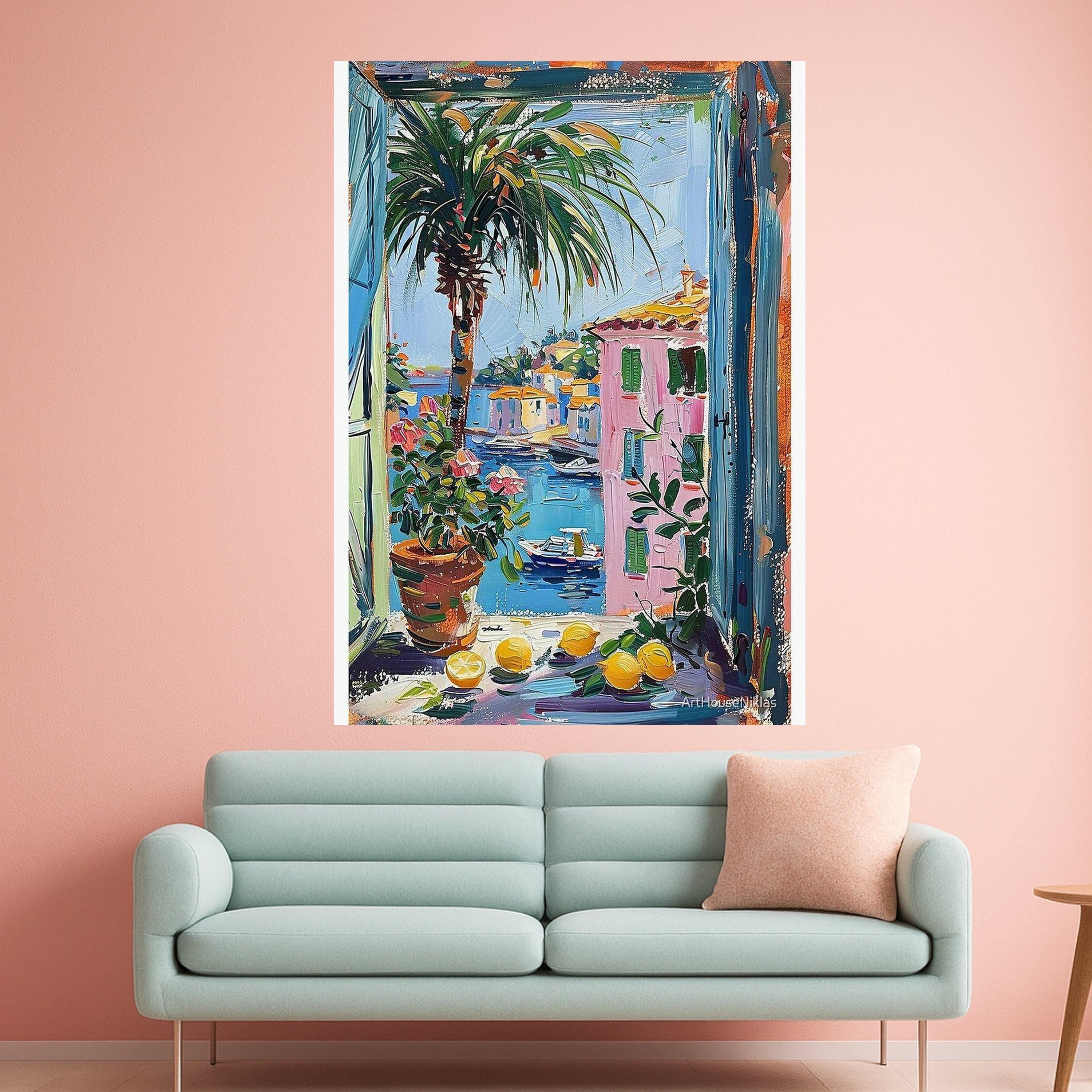 Coastal Mediterranean View Canvas, Window Scene Wall Art, Colorful Village Painting, Palm Tree and Lemons Canvas, Beach House Ready To Hang,