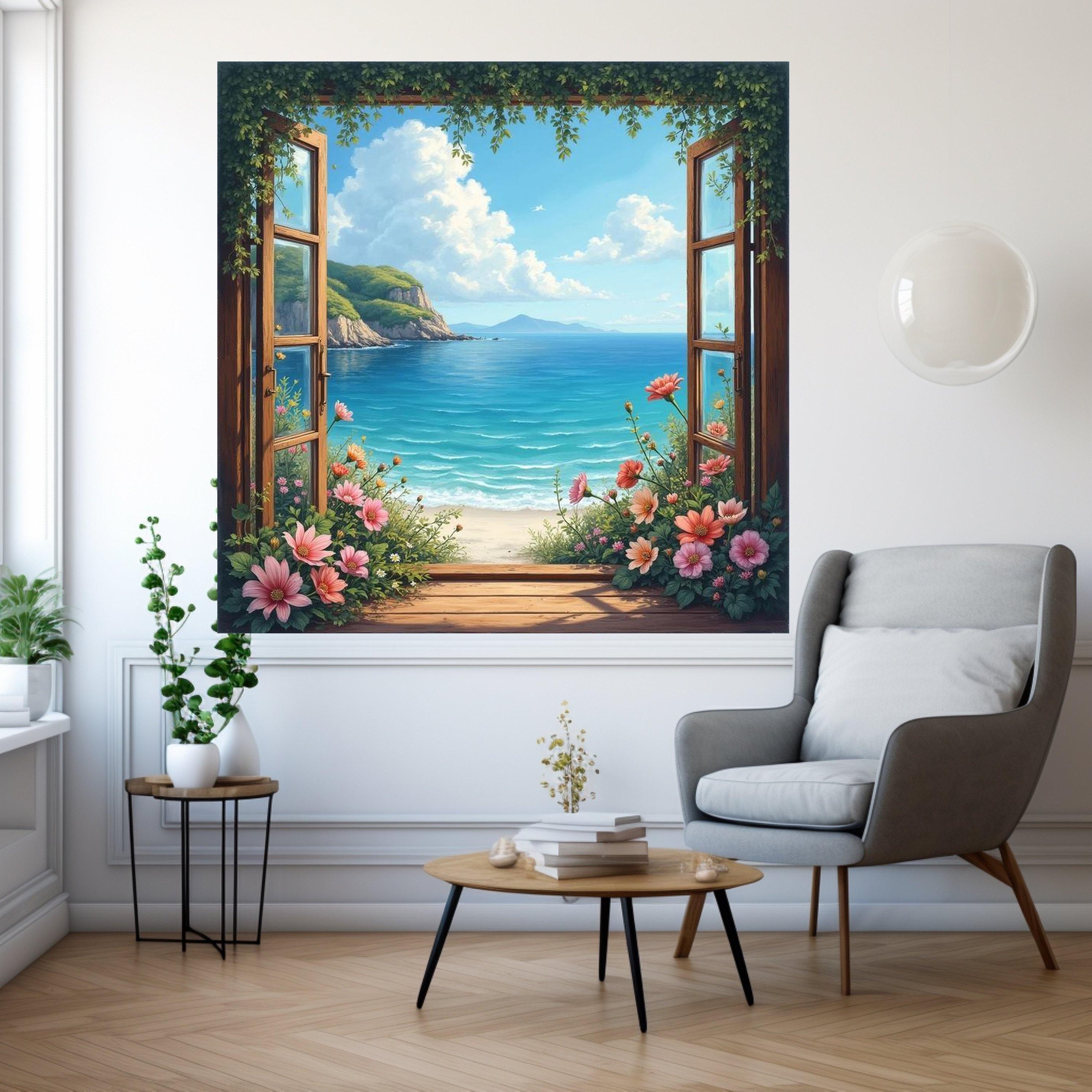 Coastal Ocean View Canvas, Open Window Wall Art, Beach Landscape Painting, Floral Garden Canvas, Seaside Decor, Ready To Hang,