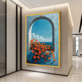 Mediterranean Archway Canvas Wall Art – Coastal Ocean View Painting, Floral Summer Wall Decor, Wall Art Ready to Hang