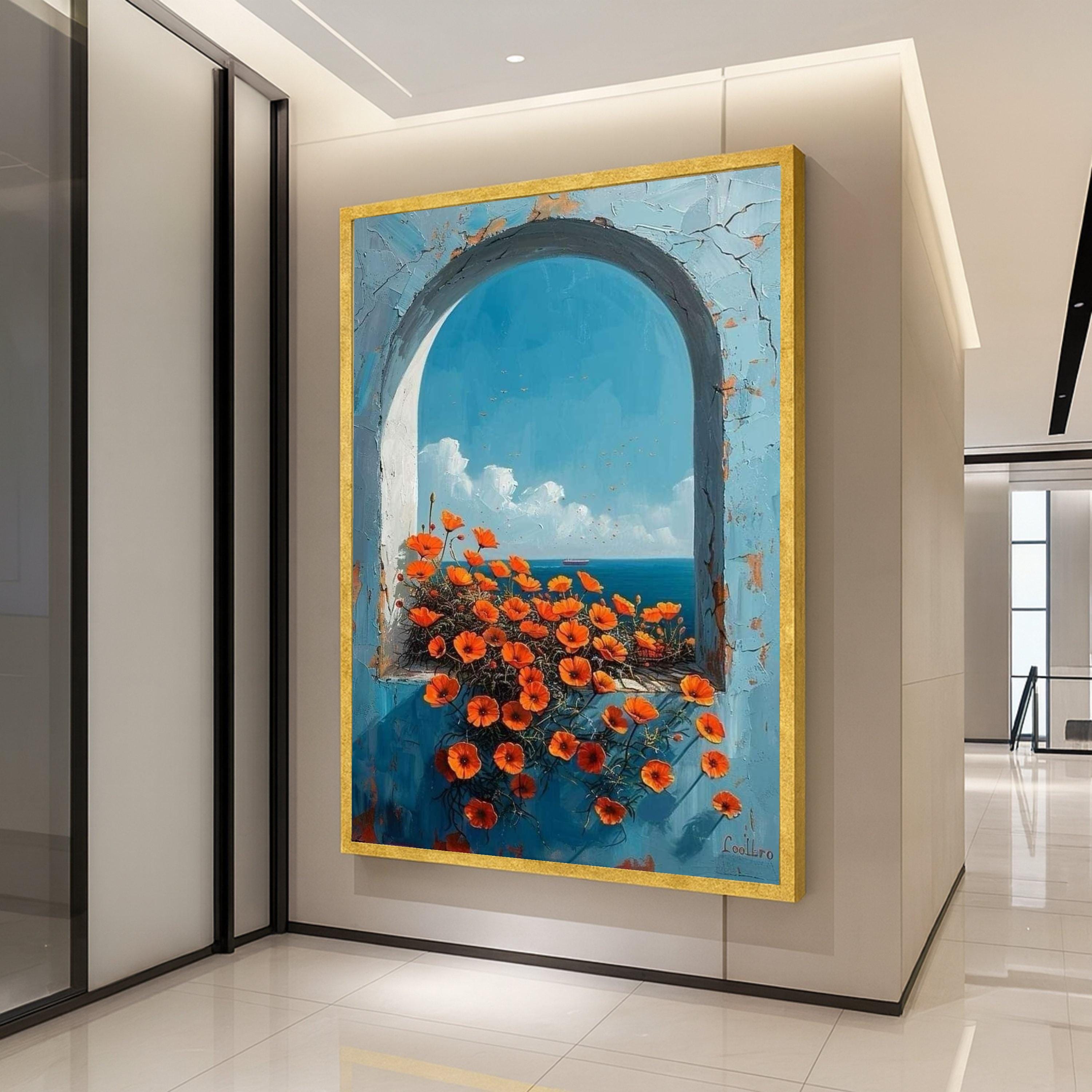 Mediterranean Archway Canvas Wall Art – Coastal Ocean View Painting, Floral Summer Wall Decor, Wall Art Ready to Hang