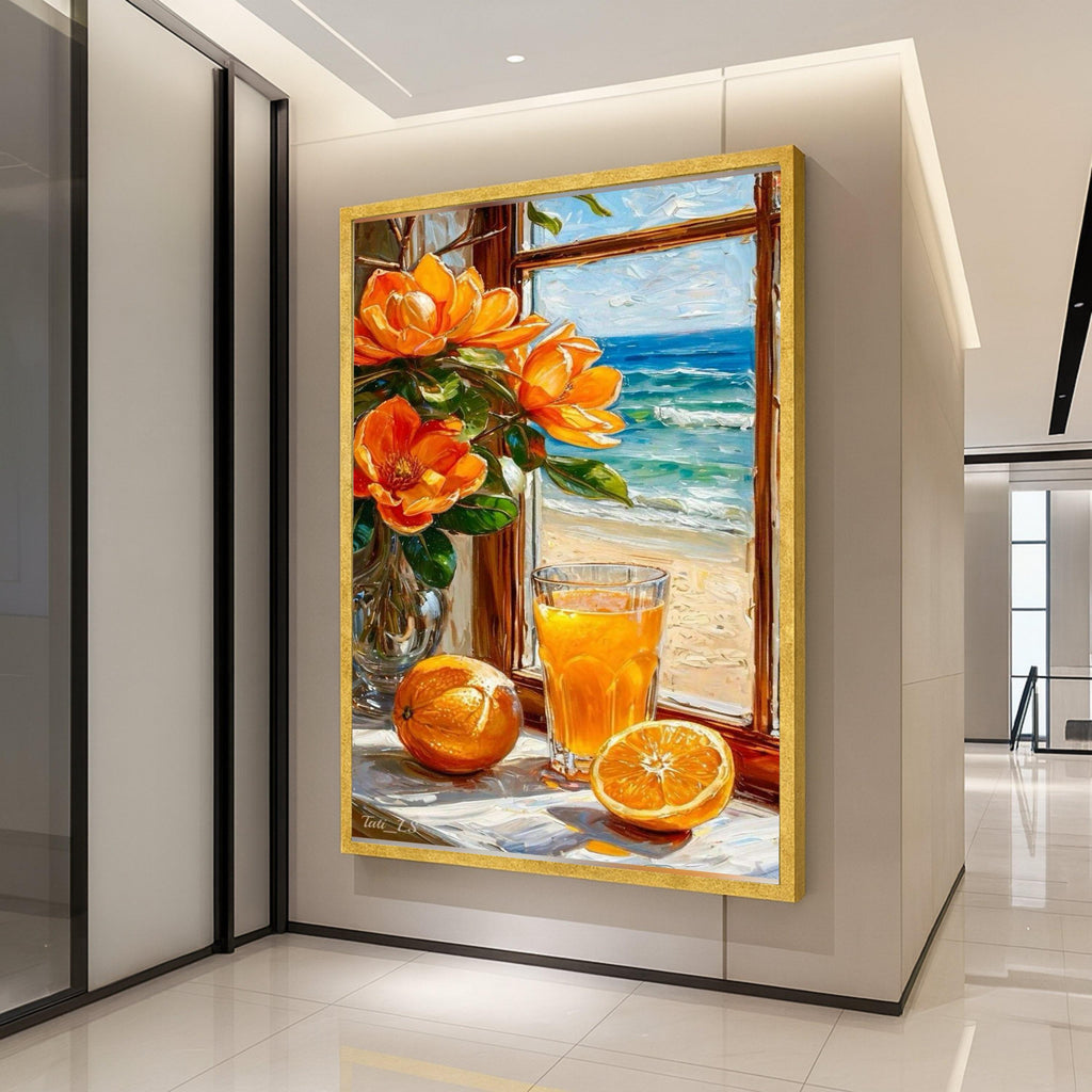 Beach Still Life Canvas Print – Orange Juice & Flower Wall Art – Summer Coastal Wall Decor – Ready to Hang Bright Painting