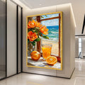 Beach Still Life Canvas Print – Orange Juice & Flower Wall Art – Summer Coastal Wall Decor – Ready to Hang Bright Painting