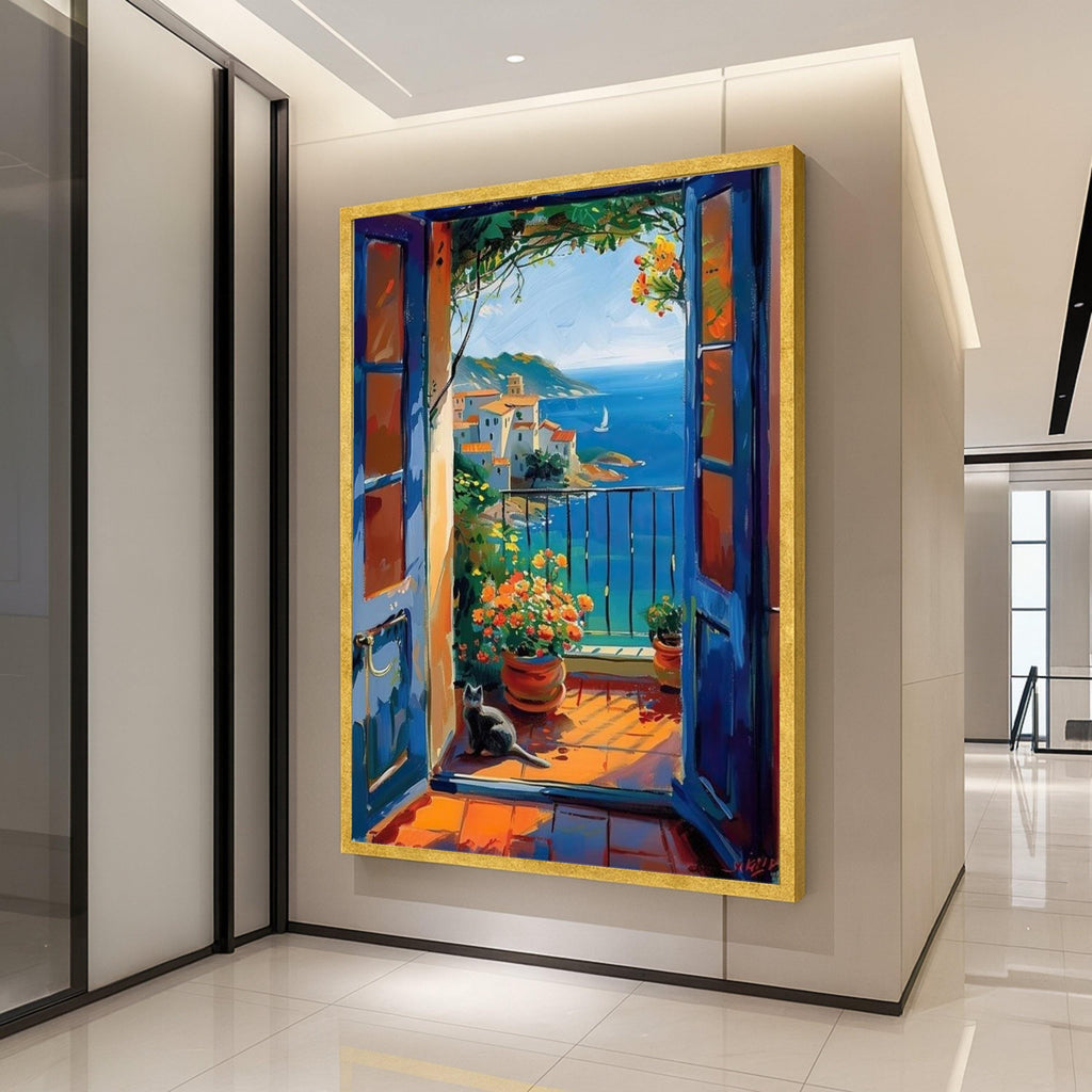 Mediterranean Coastal View Canvas, Open Door Balcony Scene, Flower Pots and Cat Wall Art, Seaside Landscape Painting, Vibrant Ready To Hang,