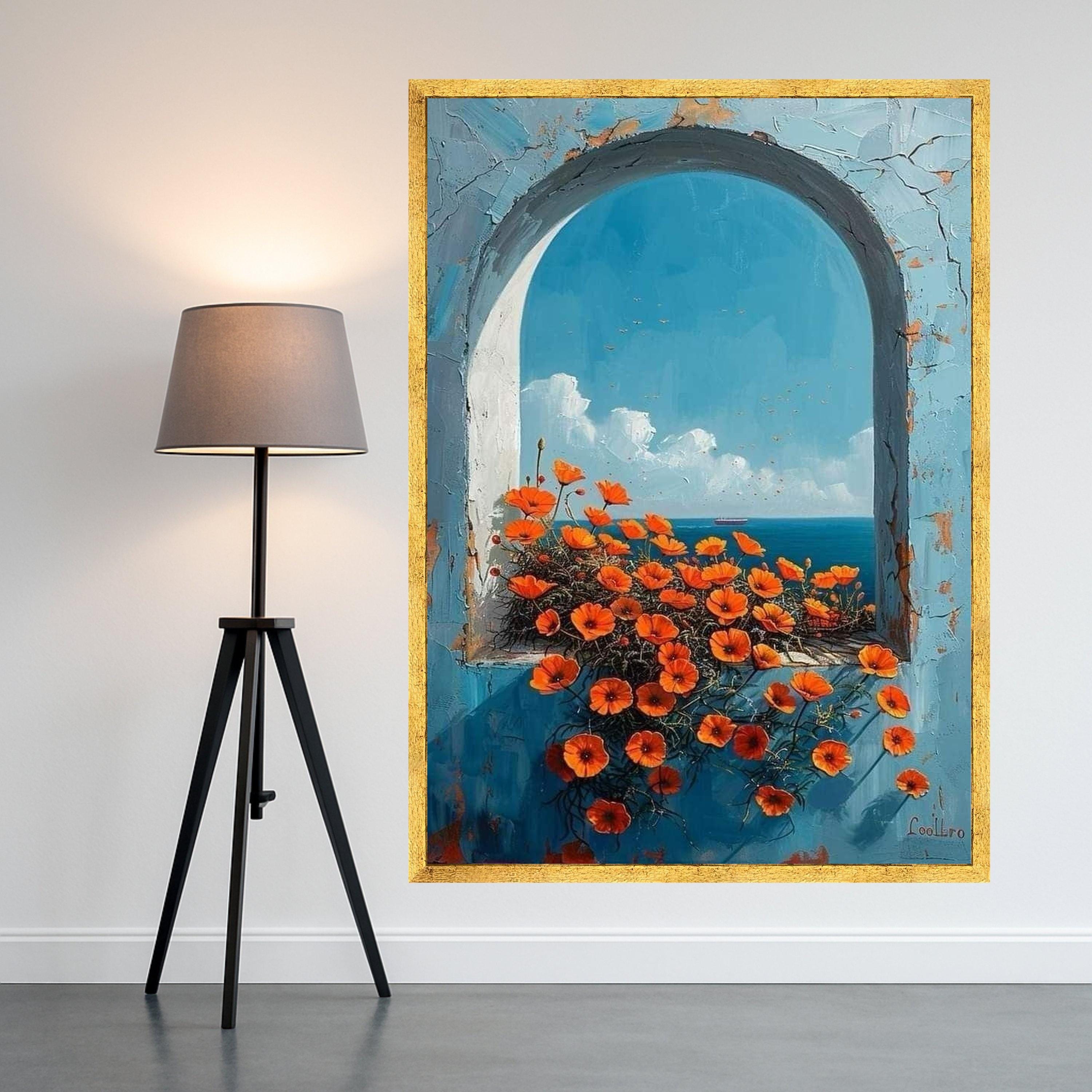 Mediterranean Archway Canvas Wall Art – Coastal Ocean View Painting, Floral Summer Wall Decor, Wall Art Ready to Hang