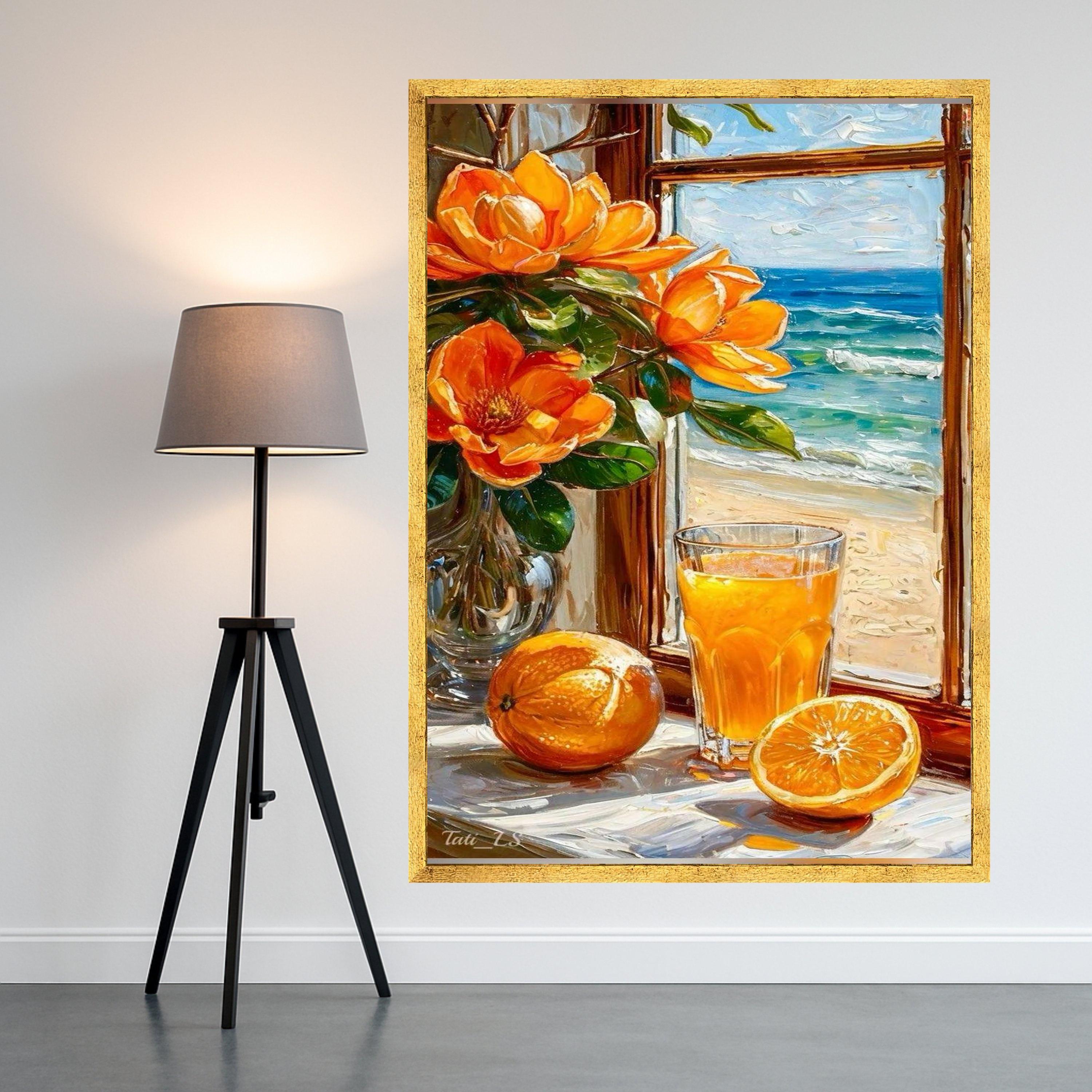 Beach Still Life Canvas Print – Orange Juice & Flower Wall Art – Summer Coastal Wall Decor – Ready to Hang Bright Painting
