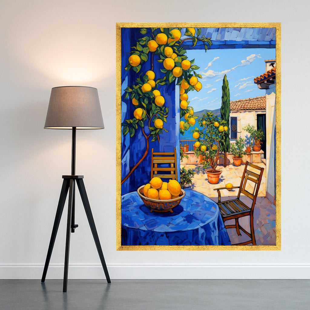 Mediterranean Lemon Grove Canvas, Sunny Patio Wall Art, Citrus Fruit Tree Painting, Coastal Home Decor, Vibrant Outdoor Scene Ready To Hang,