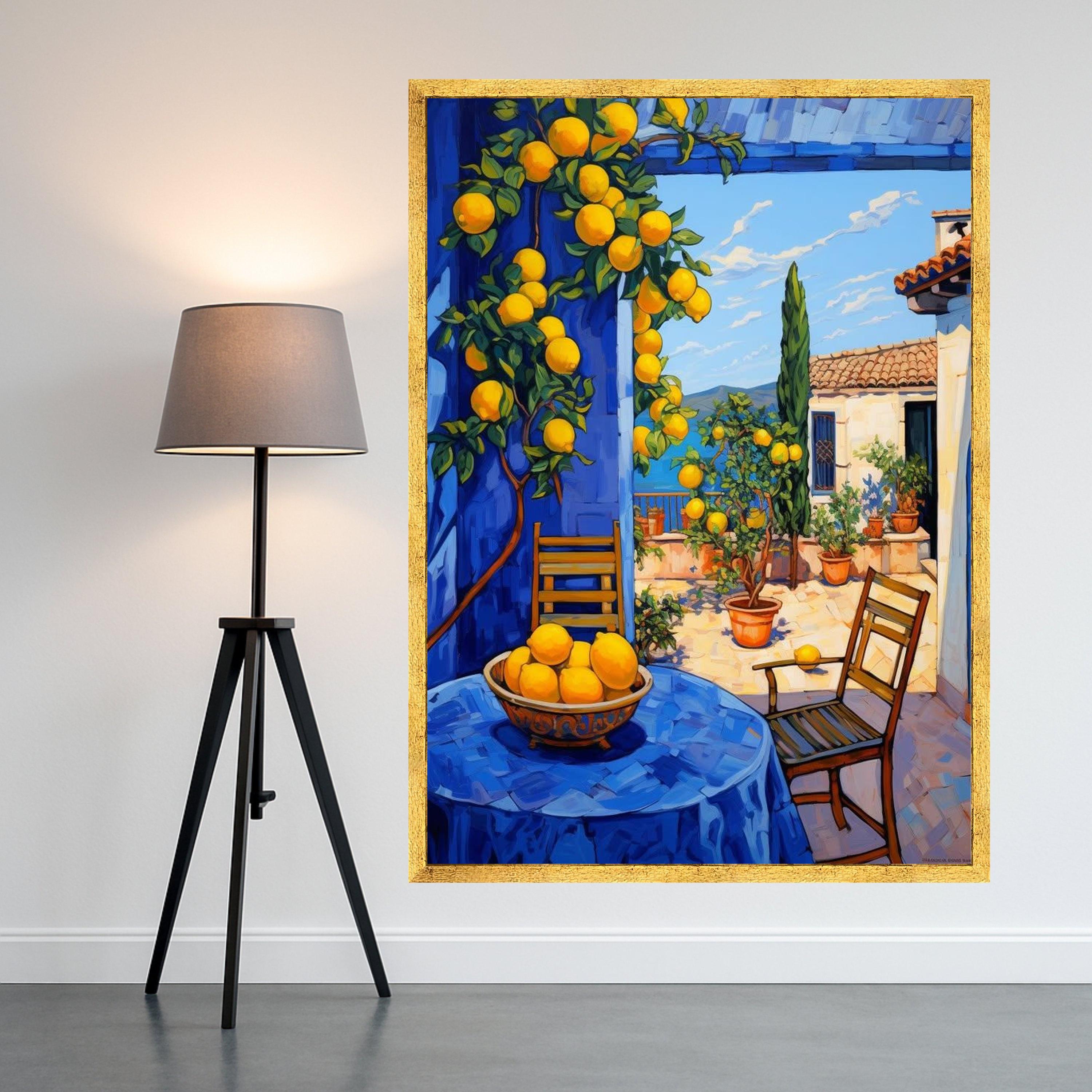 Mediterranean Lemon Grove Canvas, Sunny Patio Wall Art, Citrus Fruit Tree Painting, Coastal Home Decor, Vibrant Outdoor Scene Ready To Hang,
