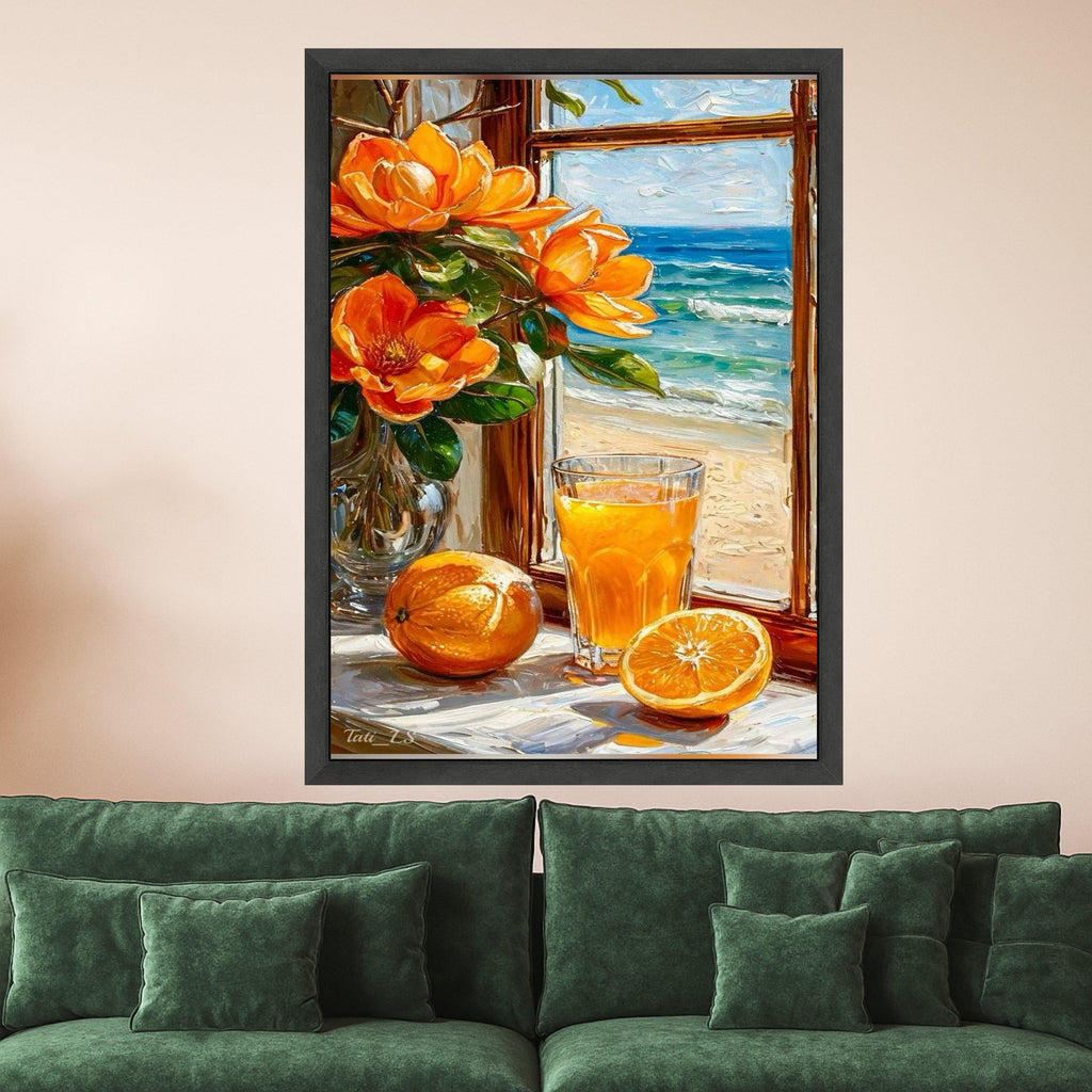 Beach Still Life Canvas Print – Orange Juice & Flower Wall Art – Summer Coastal Wall Decor – Ready to Hang Bright Painting