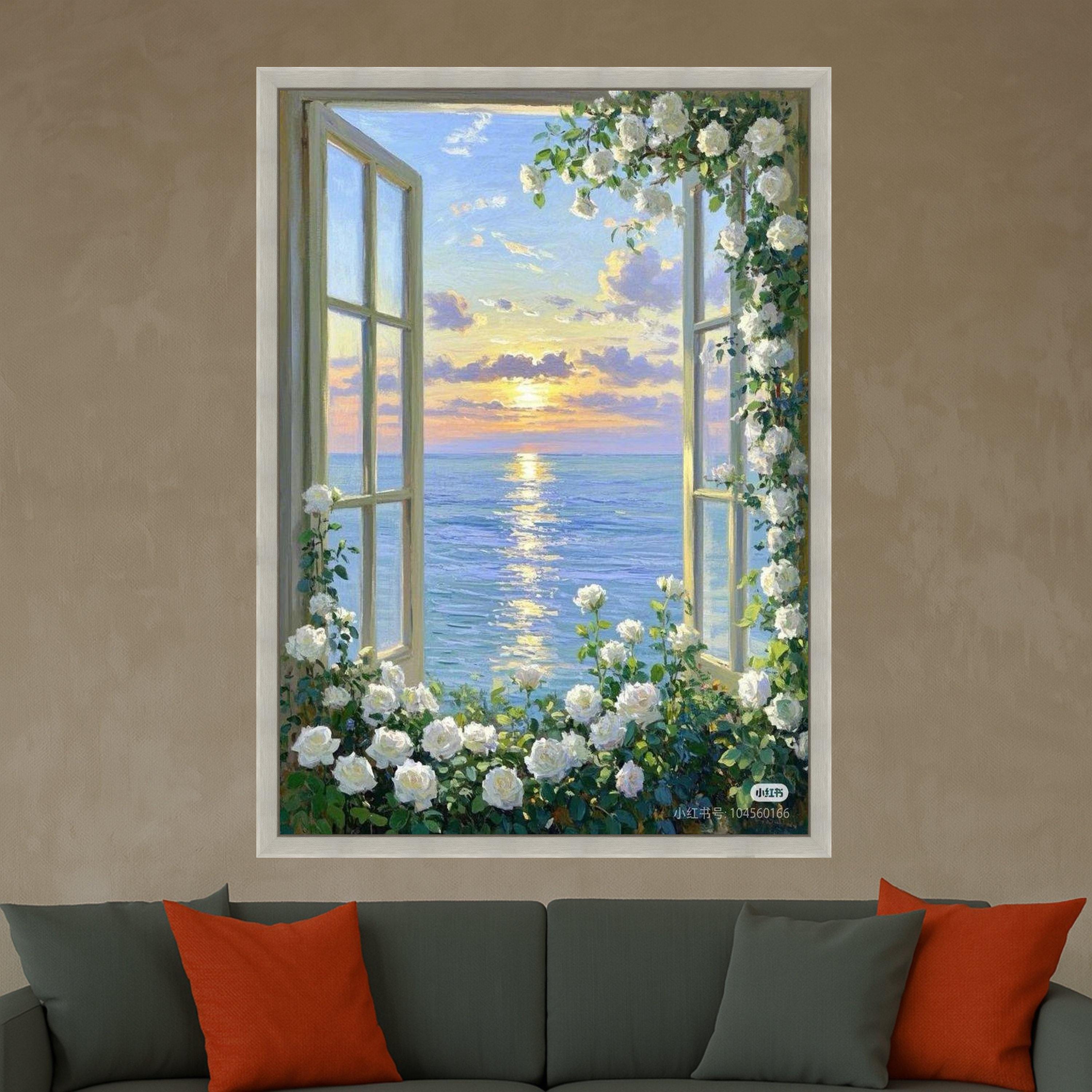 Ocean Sunset Window View Canvas Print – White Rose Floral Wall Art, Romantic Coastal Wall Decor, Serene Seaside Scene, Ready to Hang