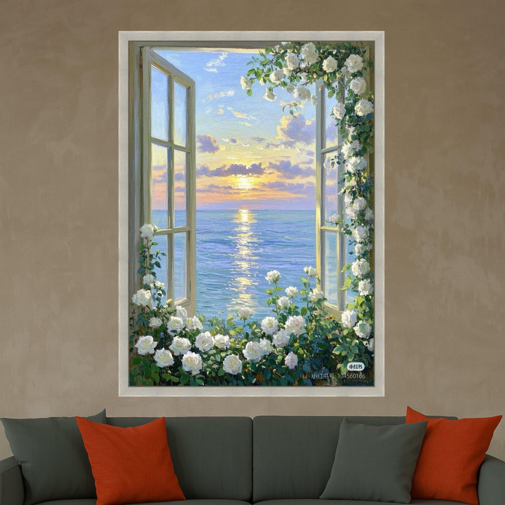 Ocean Sunset Window View Canvas Print – White Rose Floral Wall Art, Romantic Coastal Wall Decor, Serene Seaside Scene, Ready to Hang